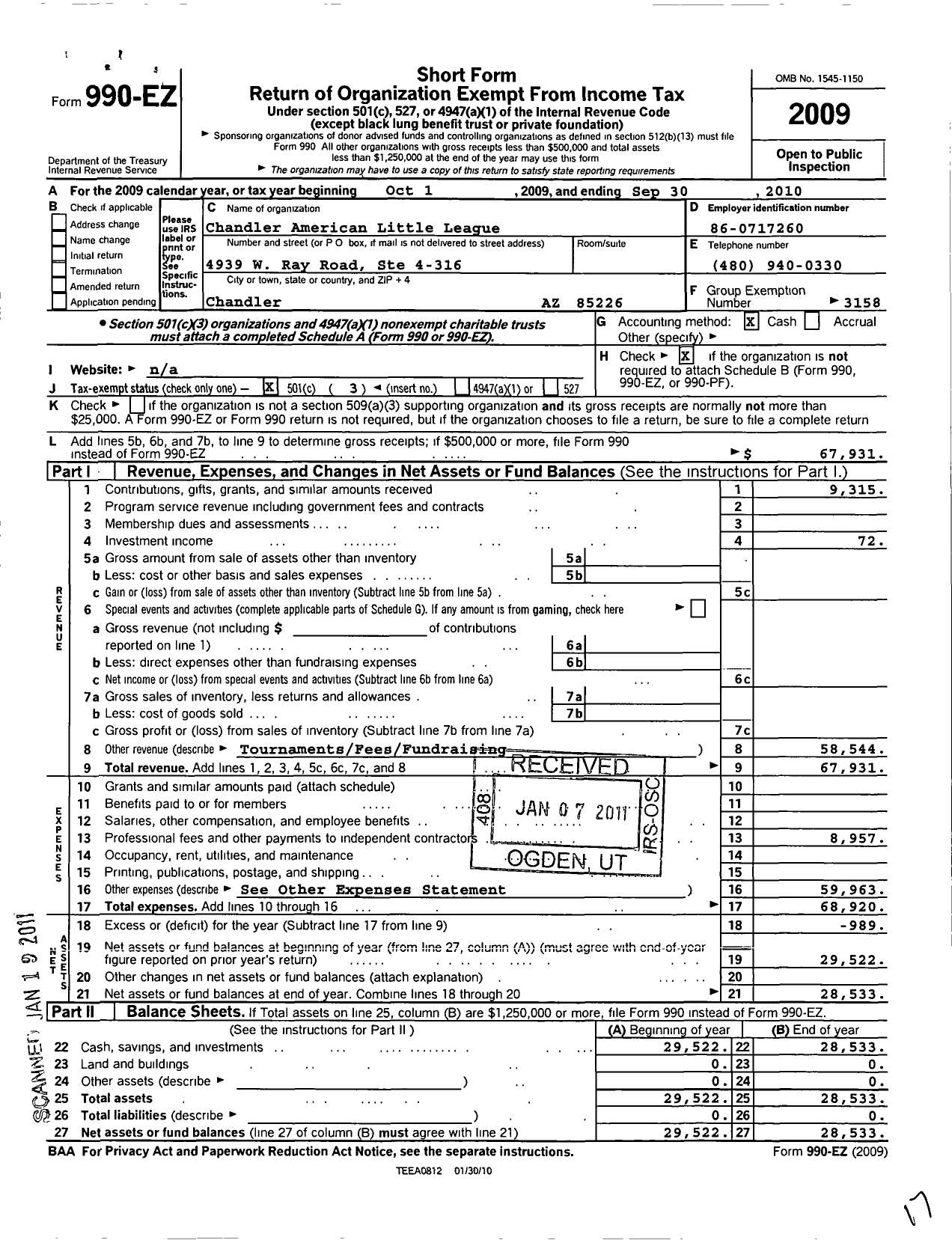 Image of first page of 2009 Form 990EZ for Little League Baseball - 4030701 Chandler American LL