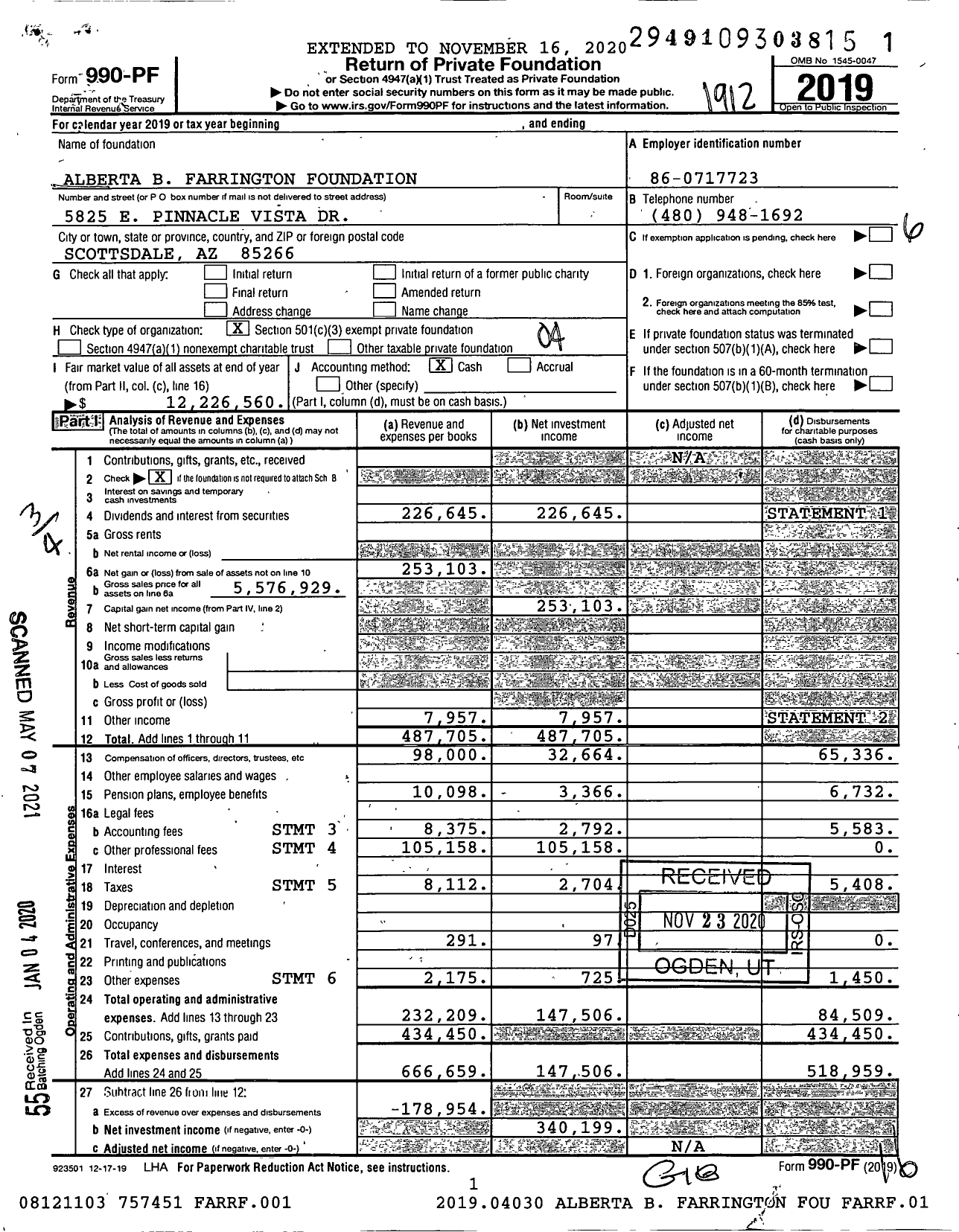 Image of first page of 2019 Form 990PF for Alberta B Farrington Foundation