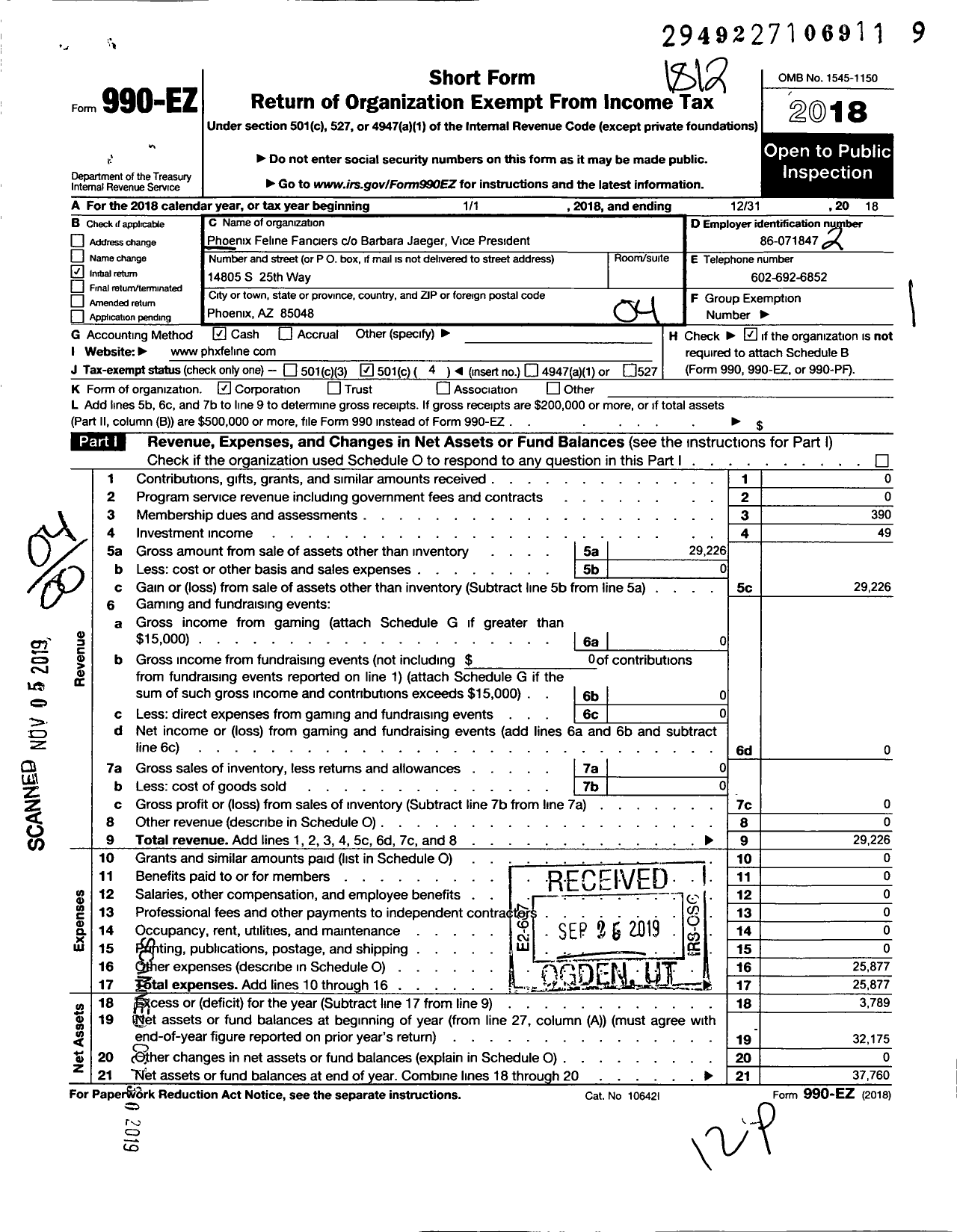 Image of first page of 2018 Form 990EO for Phoenix Feline Fanciers