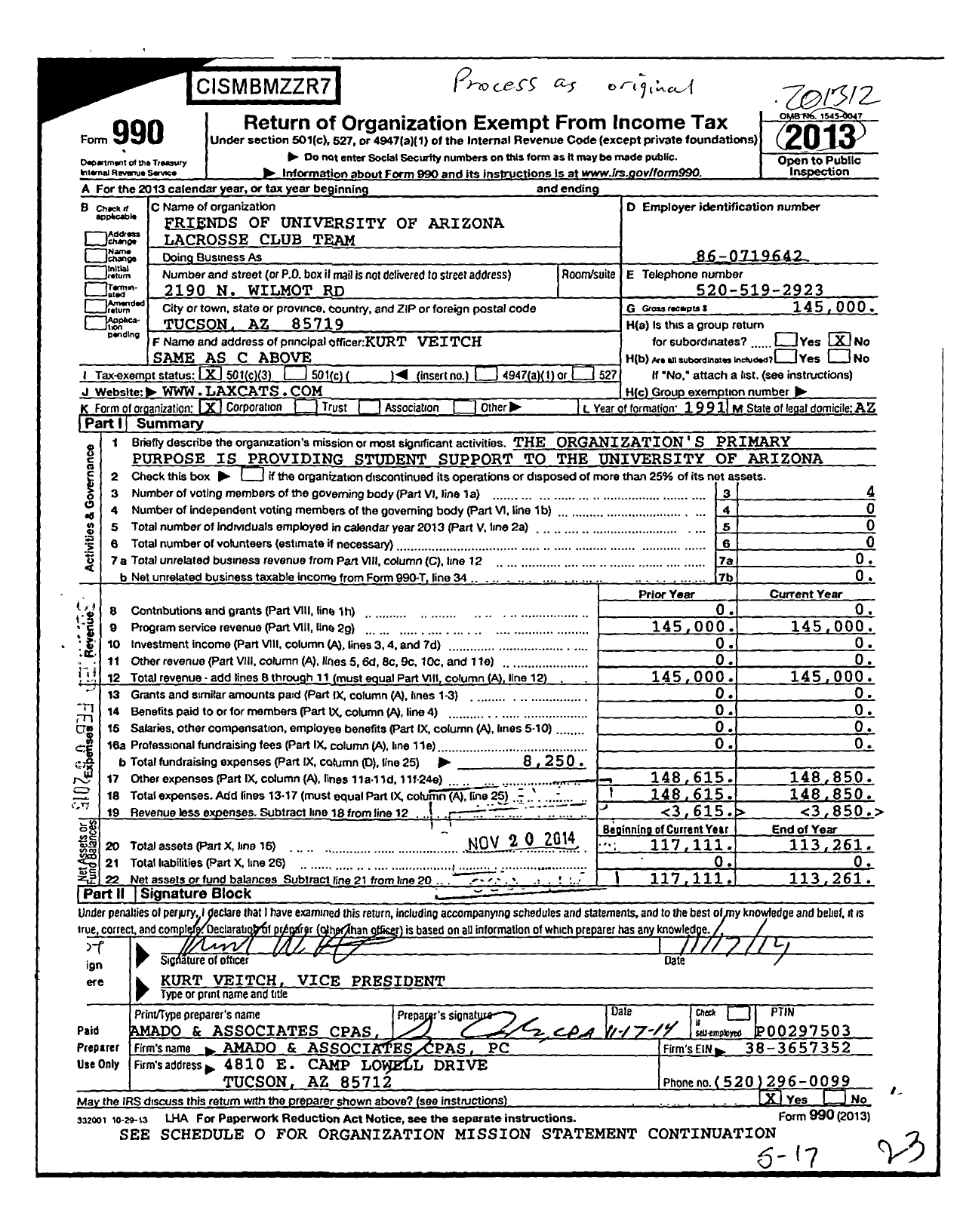 Image of first page of 2013 Form 990 for Friends of University of Arizona Lacrosse Club Team