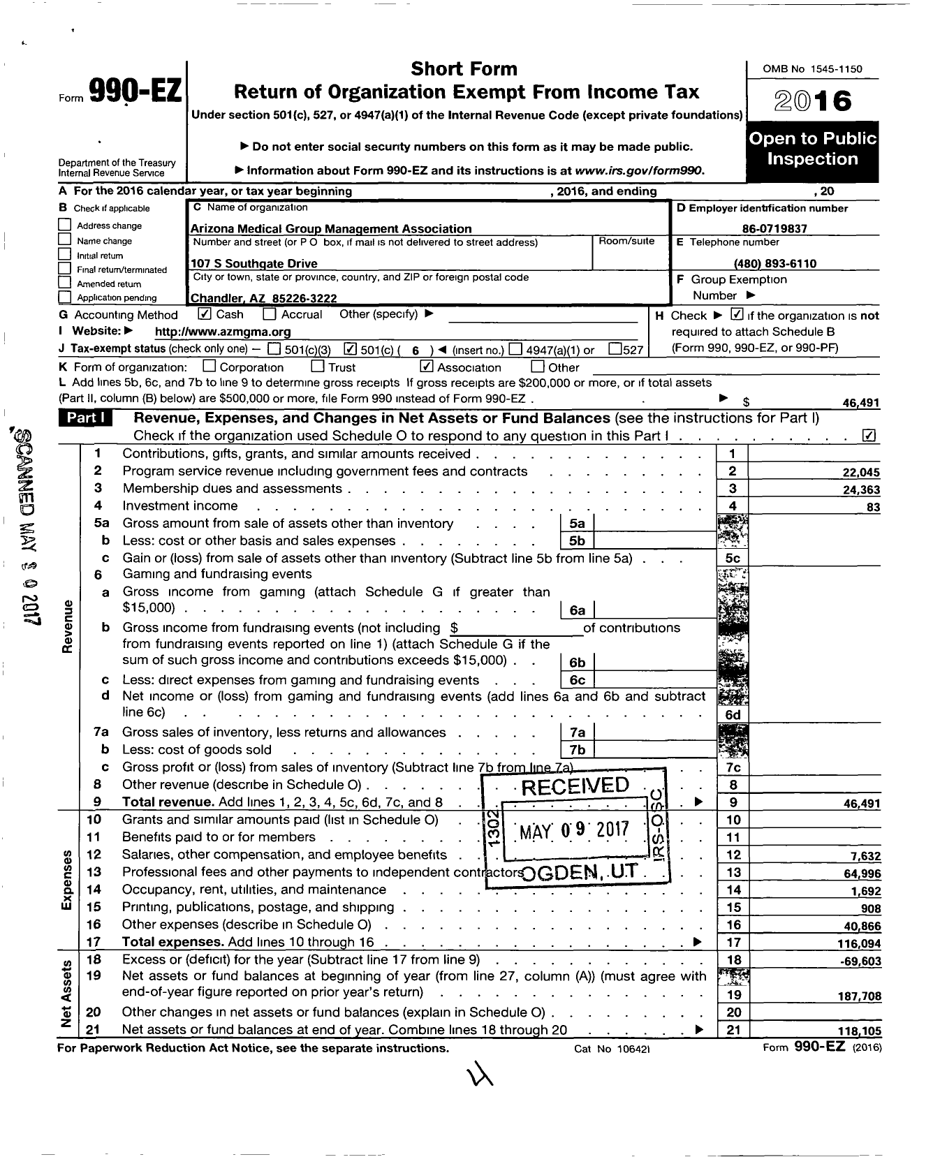 Image of first page of 2016 Form 990EZ for Arizona Medical Group Management Association