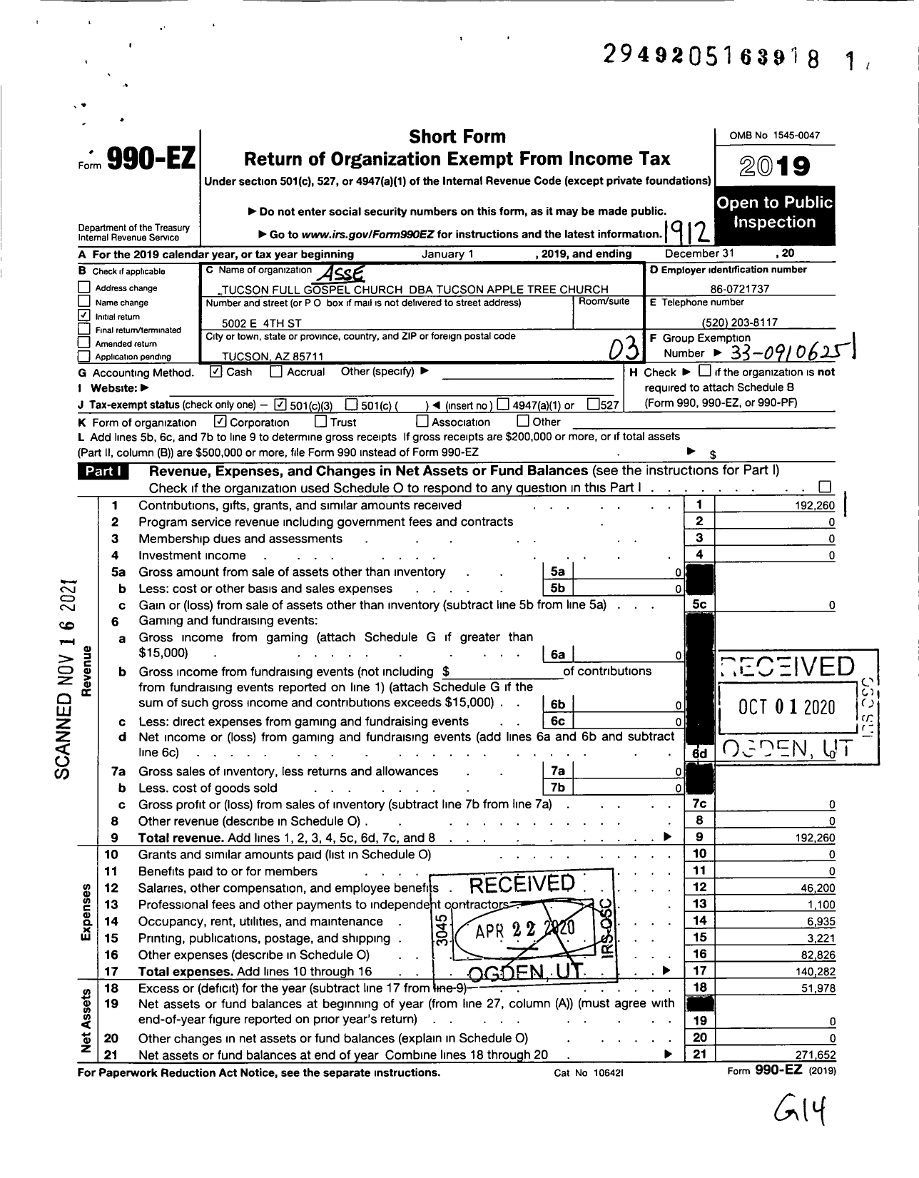 Image of first page of 2019 Form 990EZ for Assembly of God Apple Tree Church