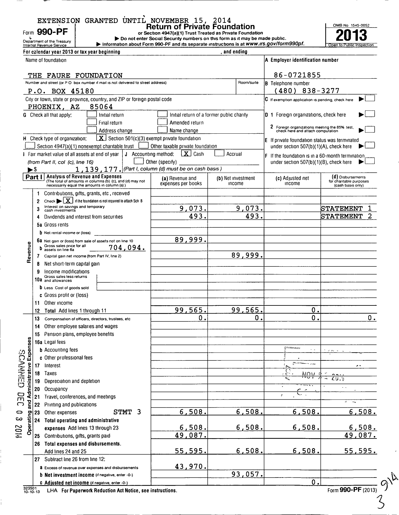Image of first page of 2013 Form 990PF for The Faure Foundation