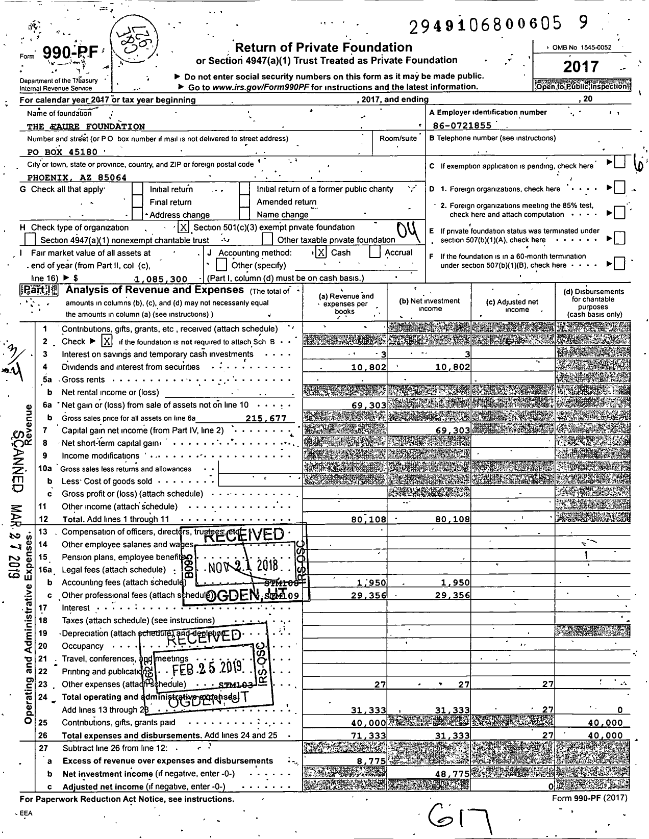 Image of first page of 2017 Form 990PF for The Faure Foundation