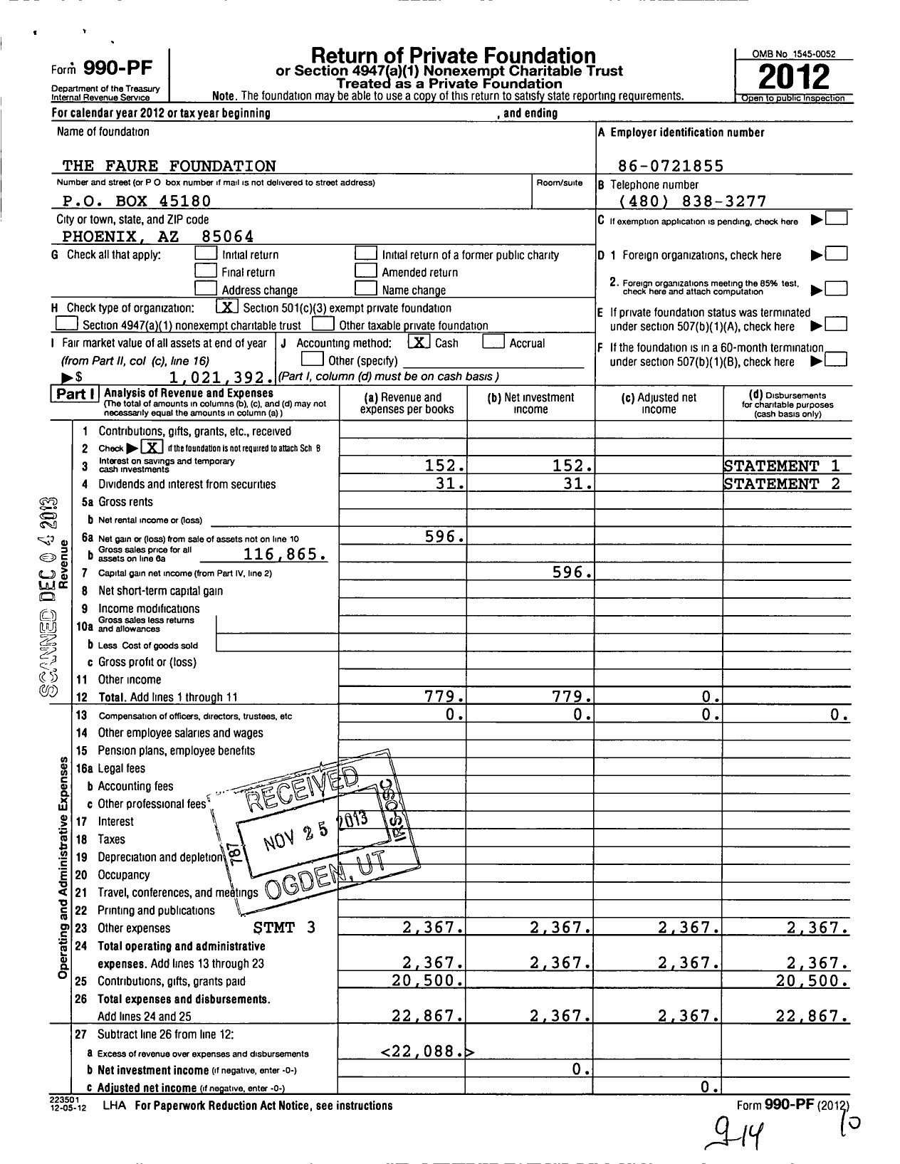 Image of first page of 2012 Form 990PF for The Faure Foundation