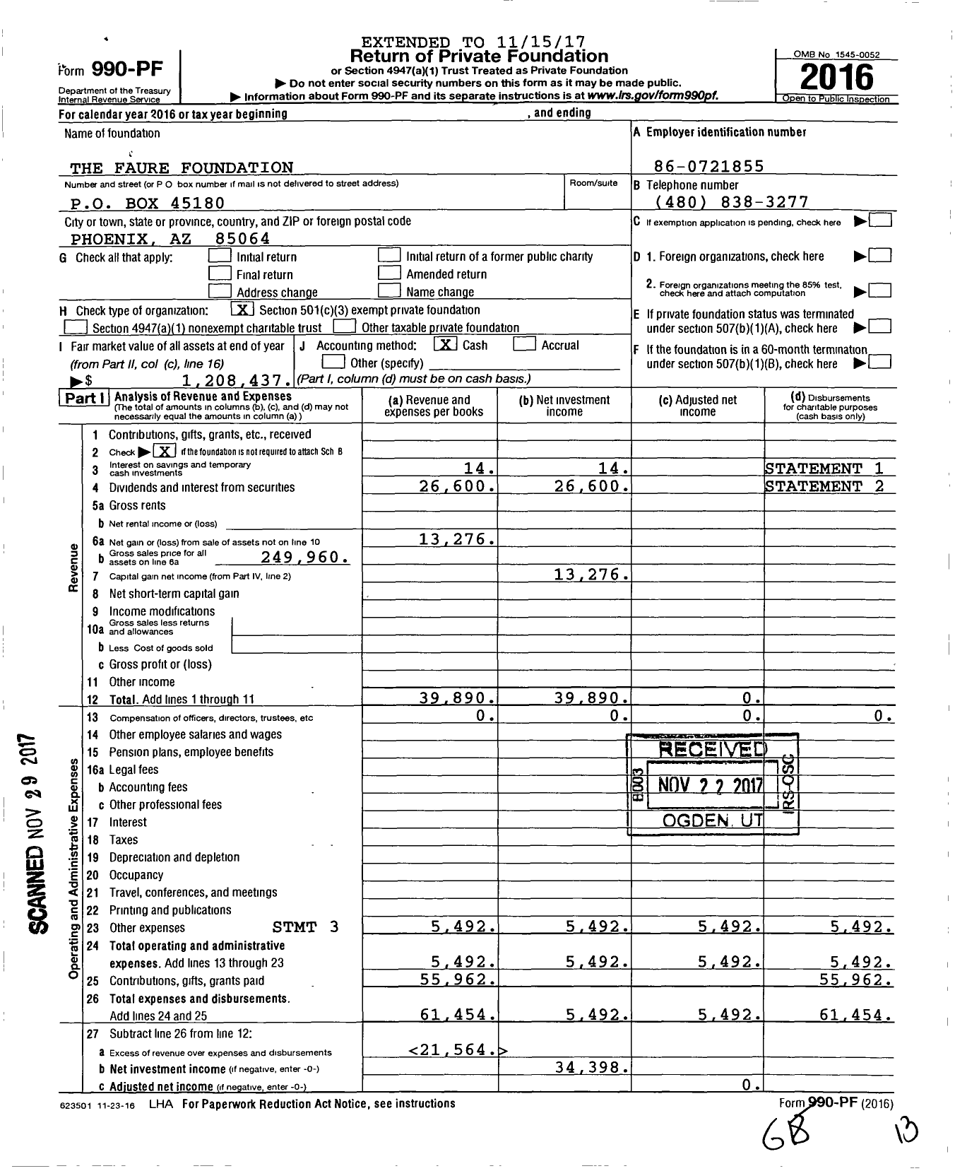Image of first page of 2016 Form 990PF for The Faure Foundation
