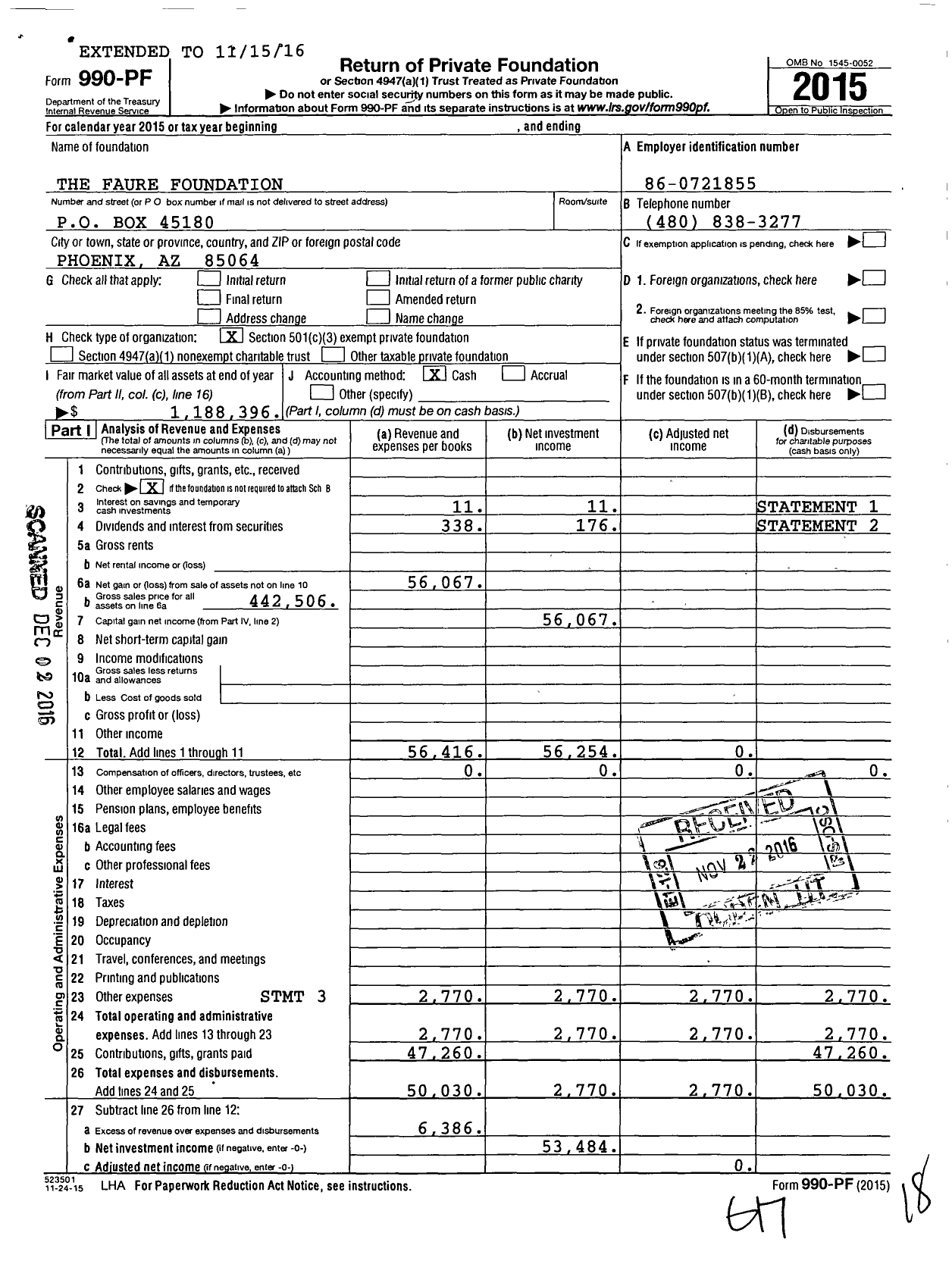 Image of first page of 2015 Form 990PF for The Faure Foundation