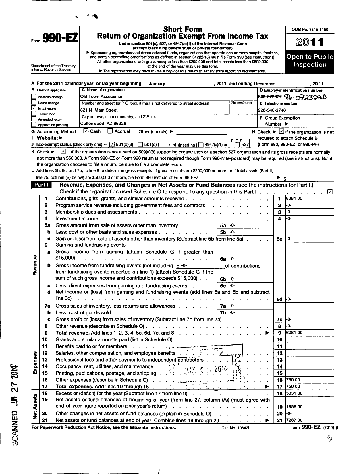Image of first page of 2011 Form 990EZ for Old Town Association