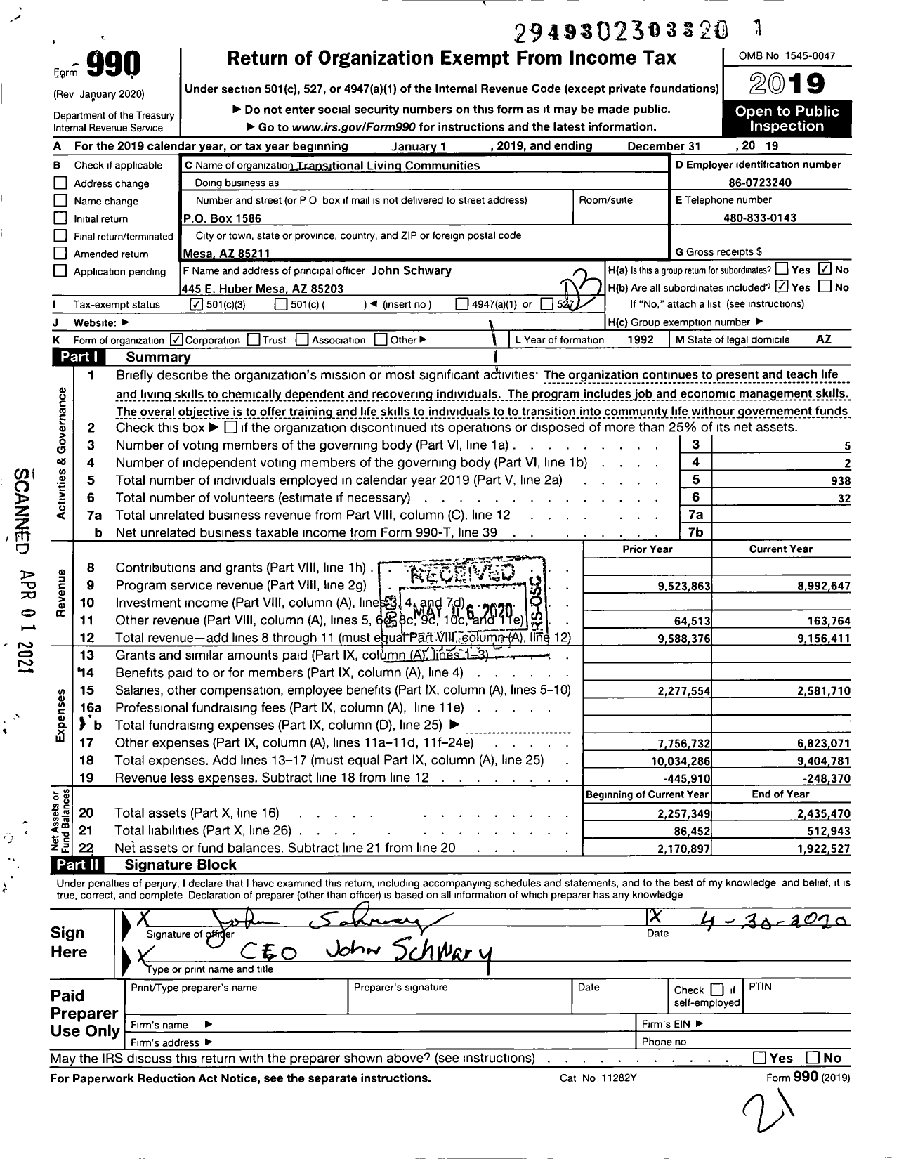 Image of first page of 2019 Form 990 for TLC Transitional Living Communities