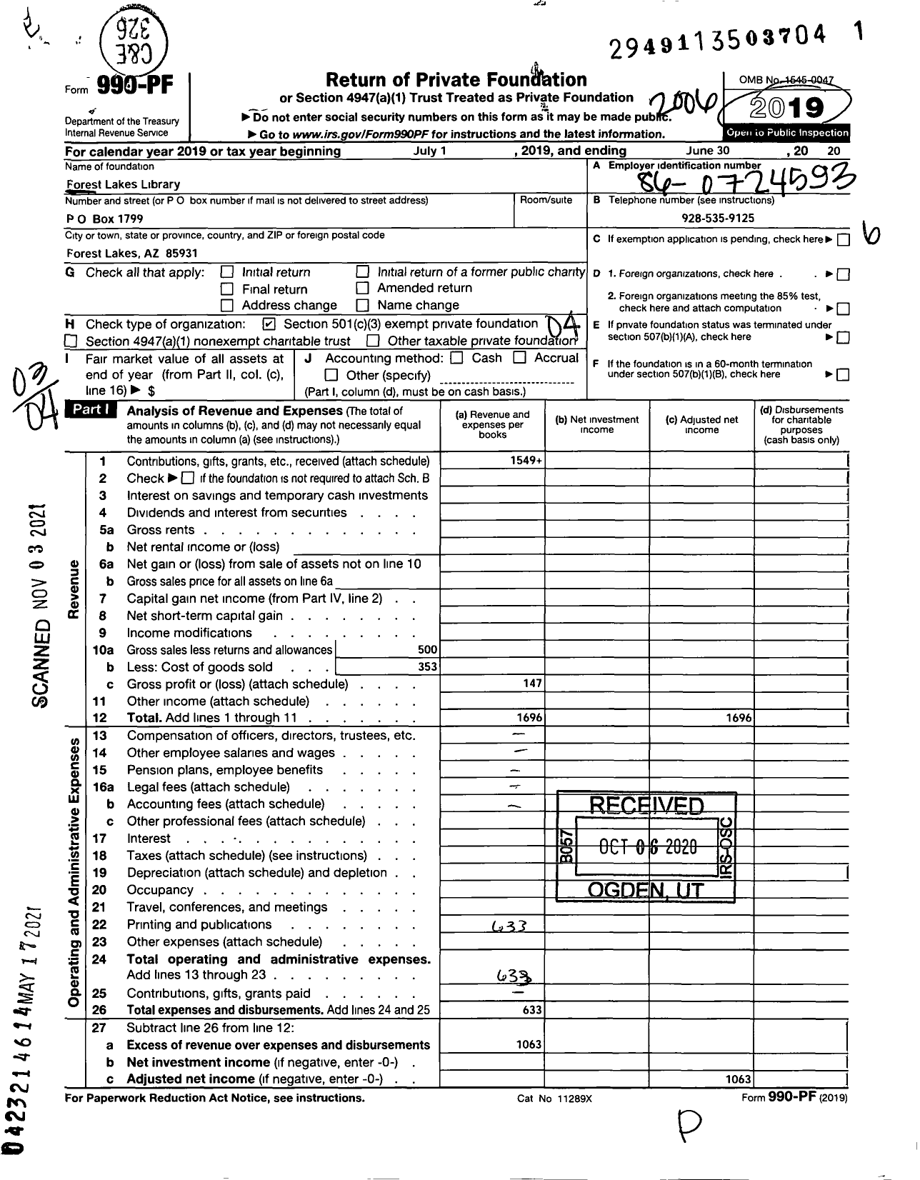 Image of first page of 2019 Form 990PF for Forest Lakes Library