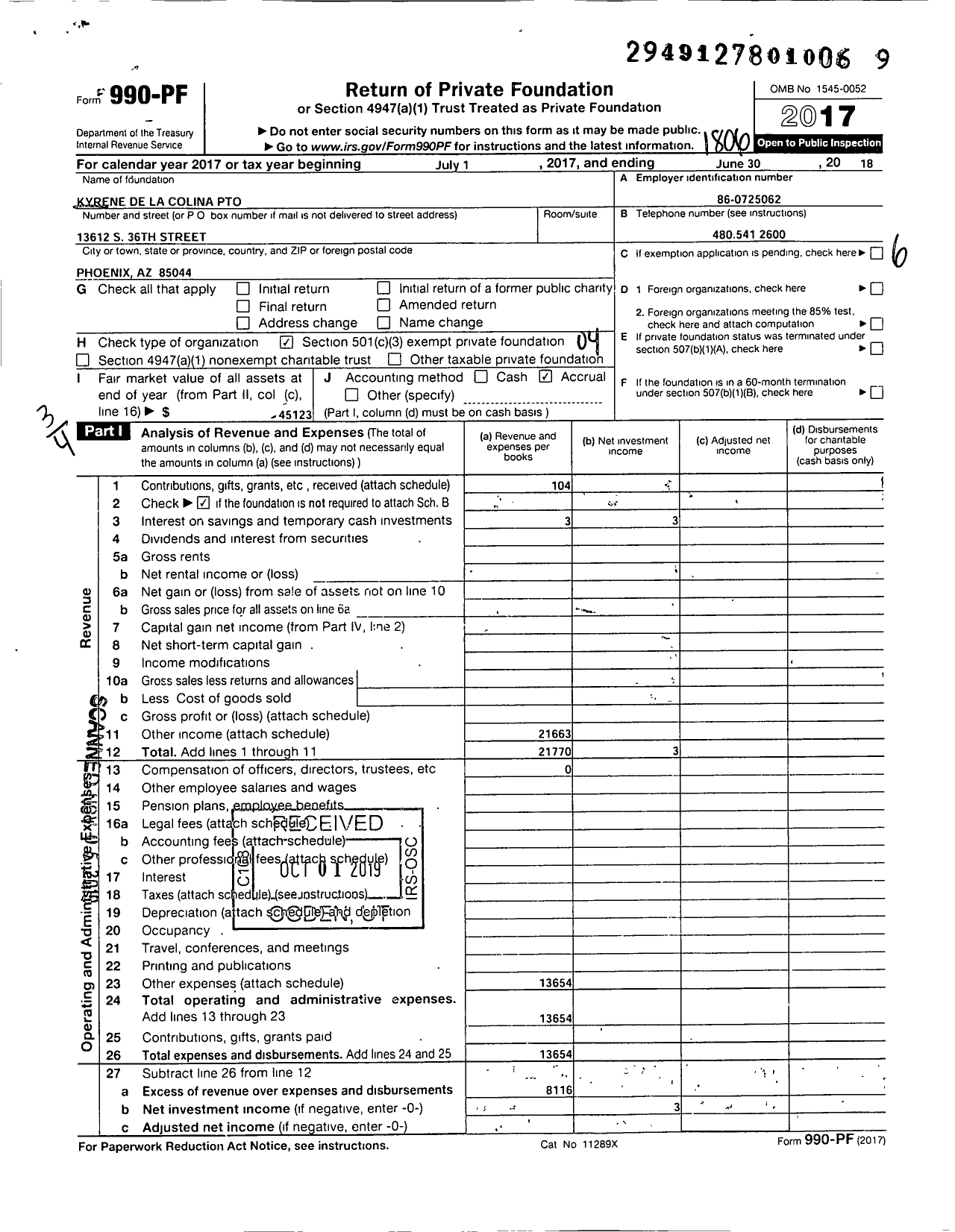Image of first page of 2017 Form 990PF for Kyrene de la Colina PTO