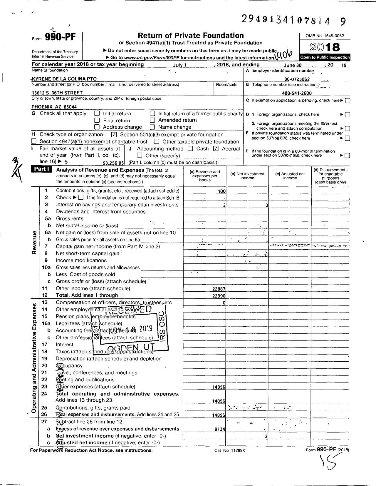 Image of first page of 2018 Form 990PF for Kyrene de la Colina PTO