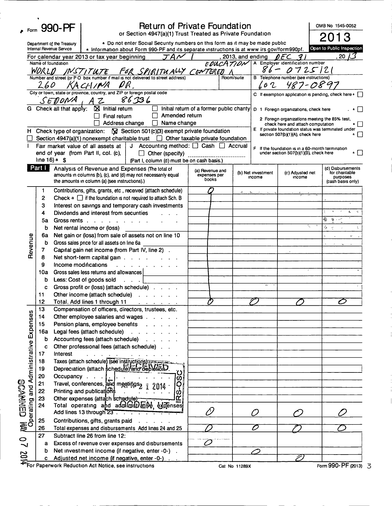 Image of first page of 2013 Form 990PF for World Institute for Spiritually Centered Education
