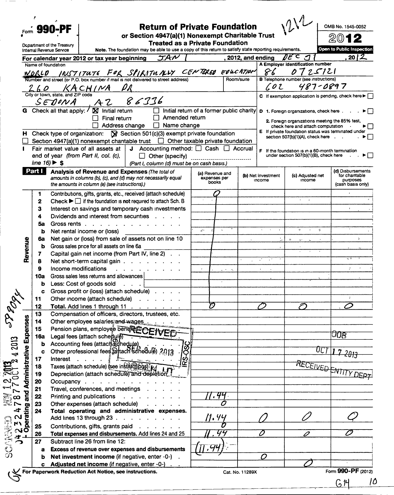 Image of first page of 2012 Form 990PF for World Institute for Spiritually Centered Education