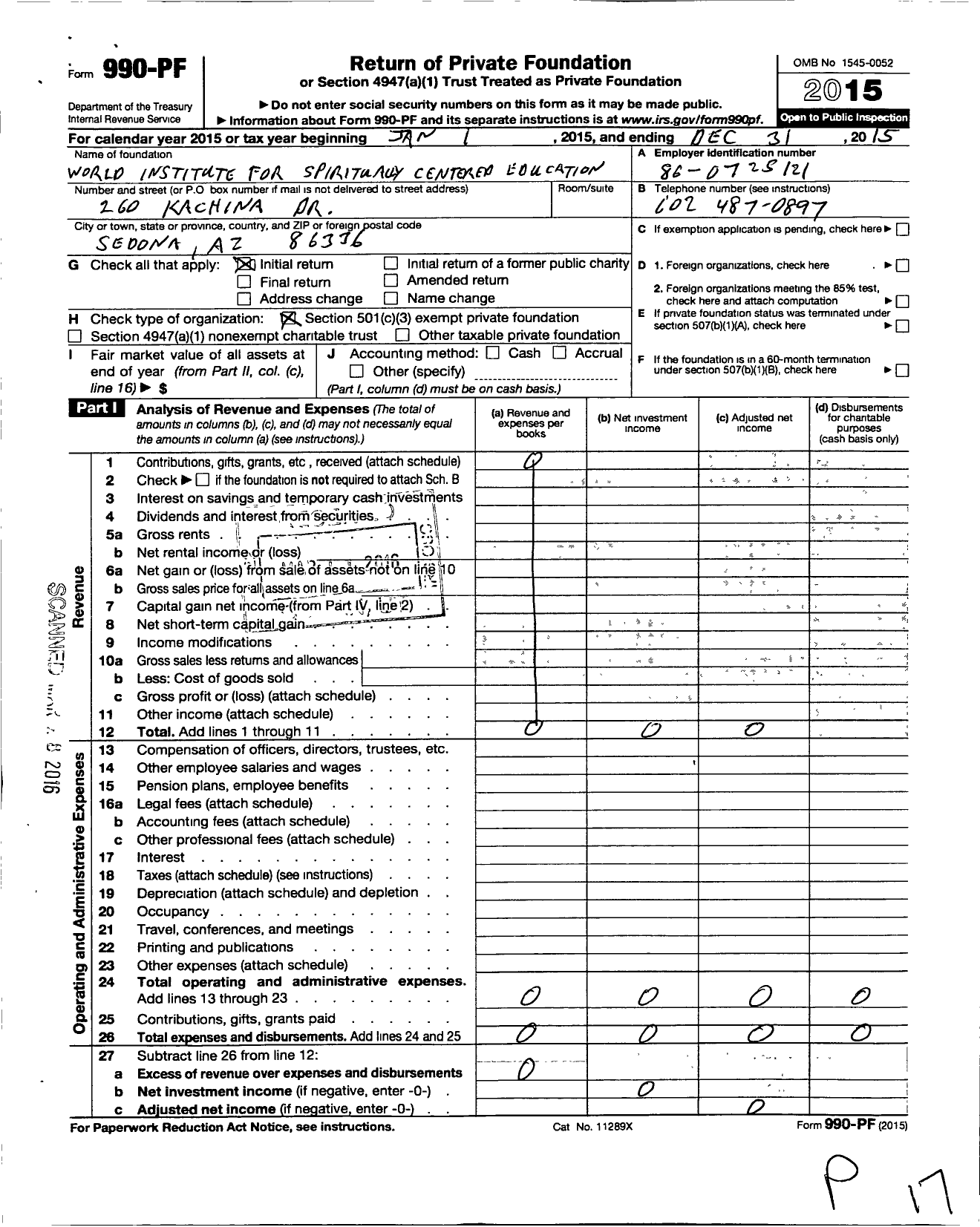 Image of first page of 2015 Form 990PF for World Institute for Spiritually Centered Education