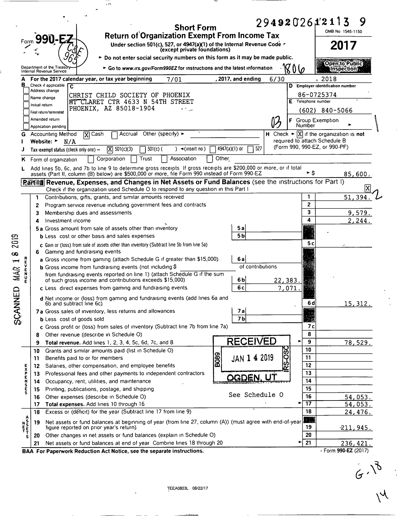 Image of first page of 2017 Form 990EZ for Christ Child Society of Phoenix