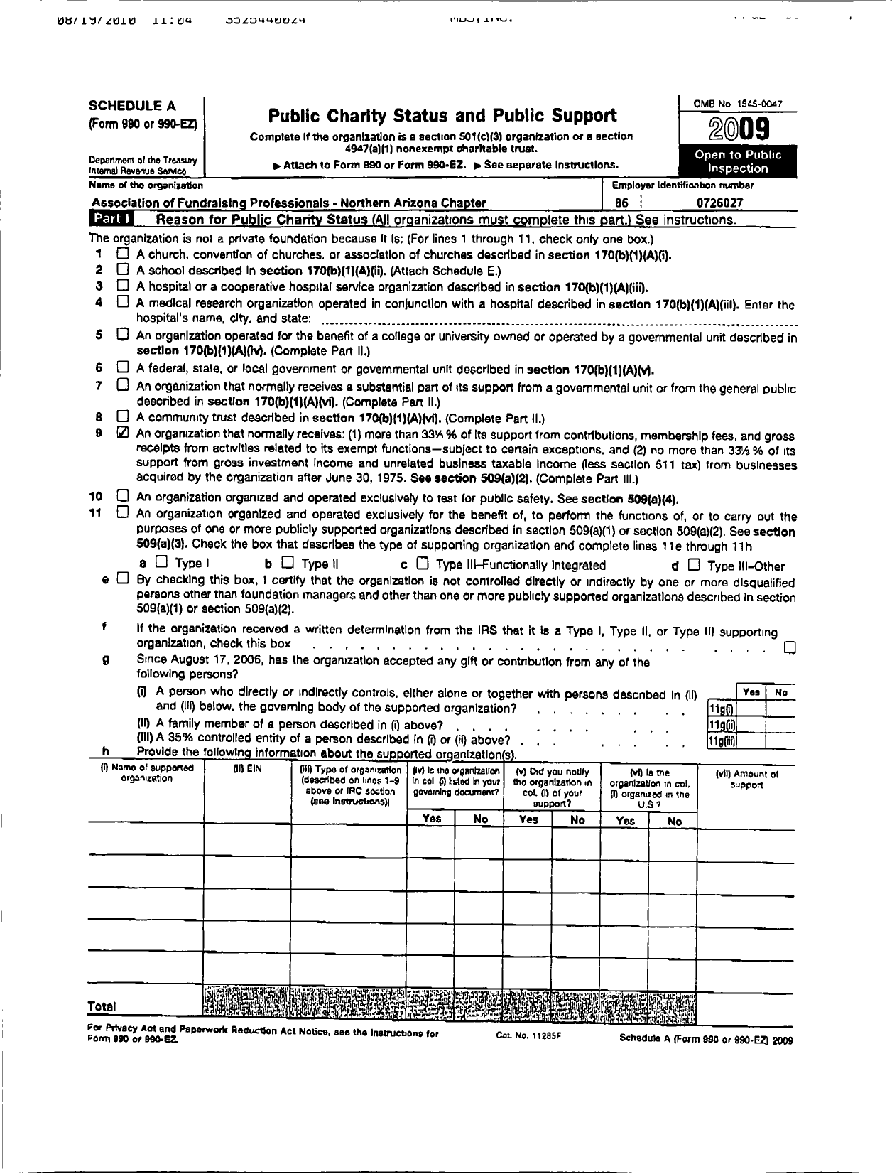 Image of first page of 2009 Form 990ER for Association of Fundraising Professionals - Az-Northern Chapter