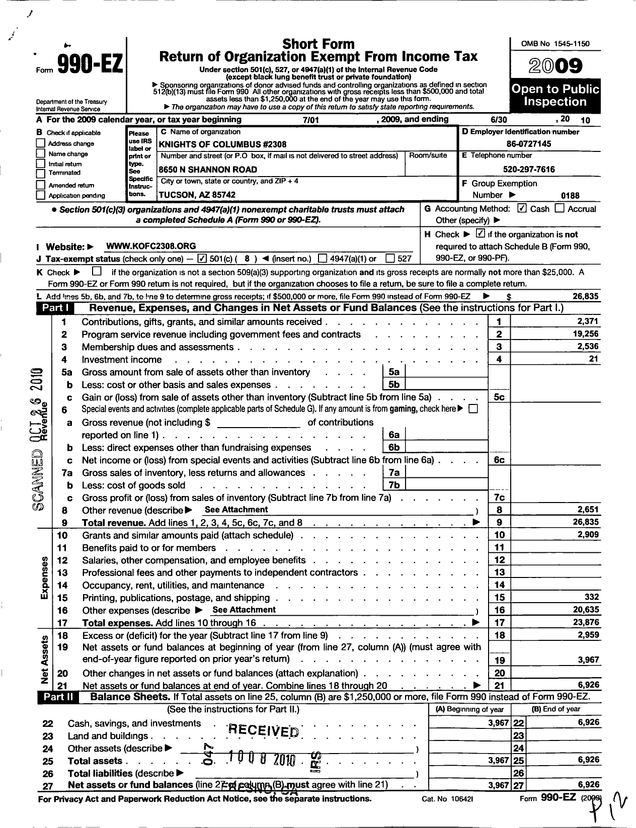 Image of first page of 2009 Form 990EO for Knights of Columbus - 2308 FR Henry Miller Assembly