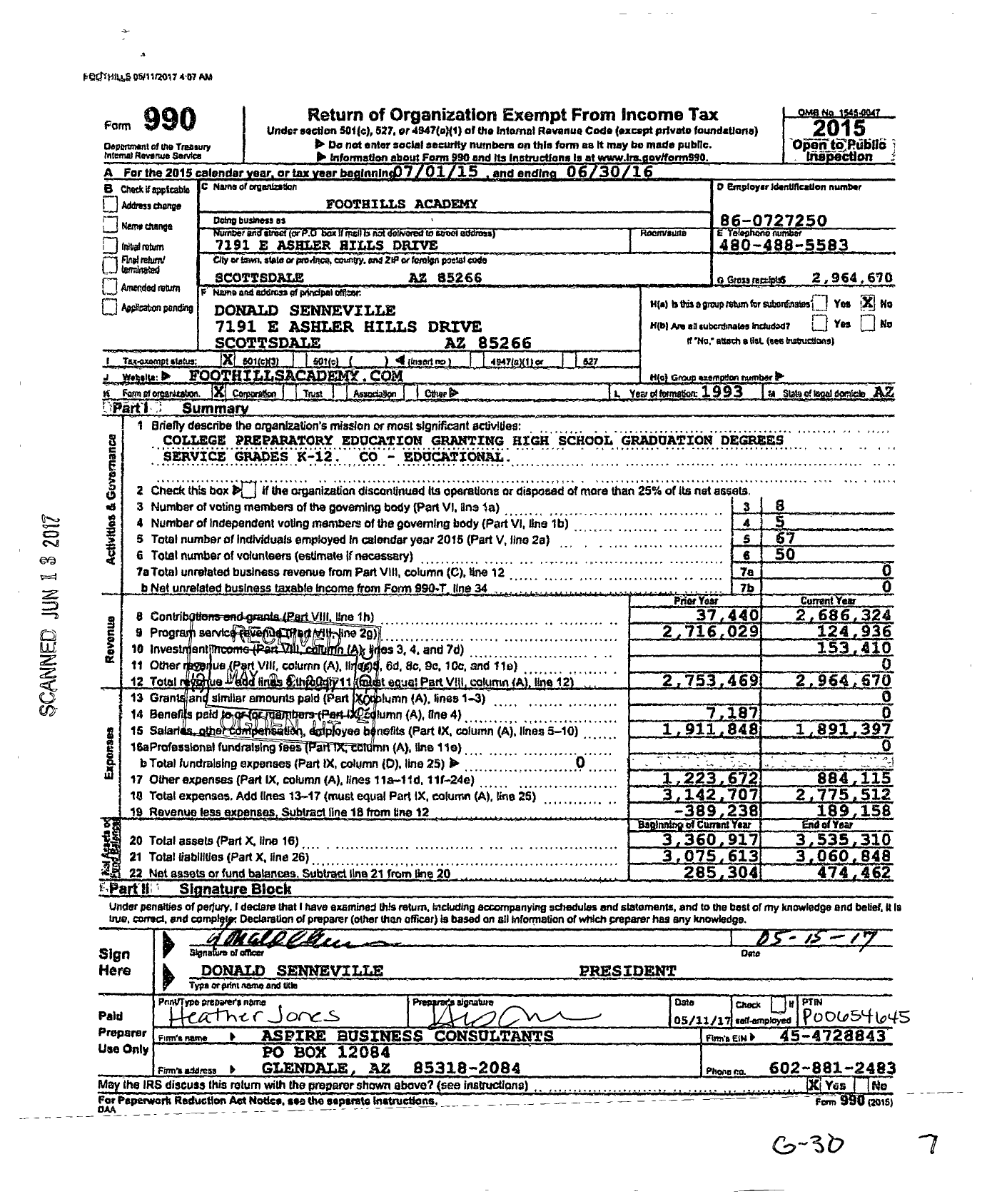 Image of first page of 2015 Form 990 for Foothills Academy