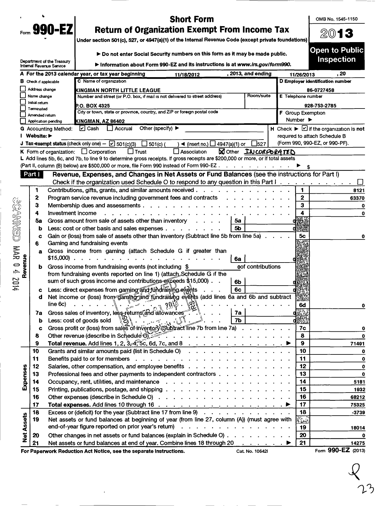 Image of first page of 2012 Form 990EZ for Little League Baseball - 4030919 Kingman North LL