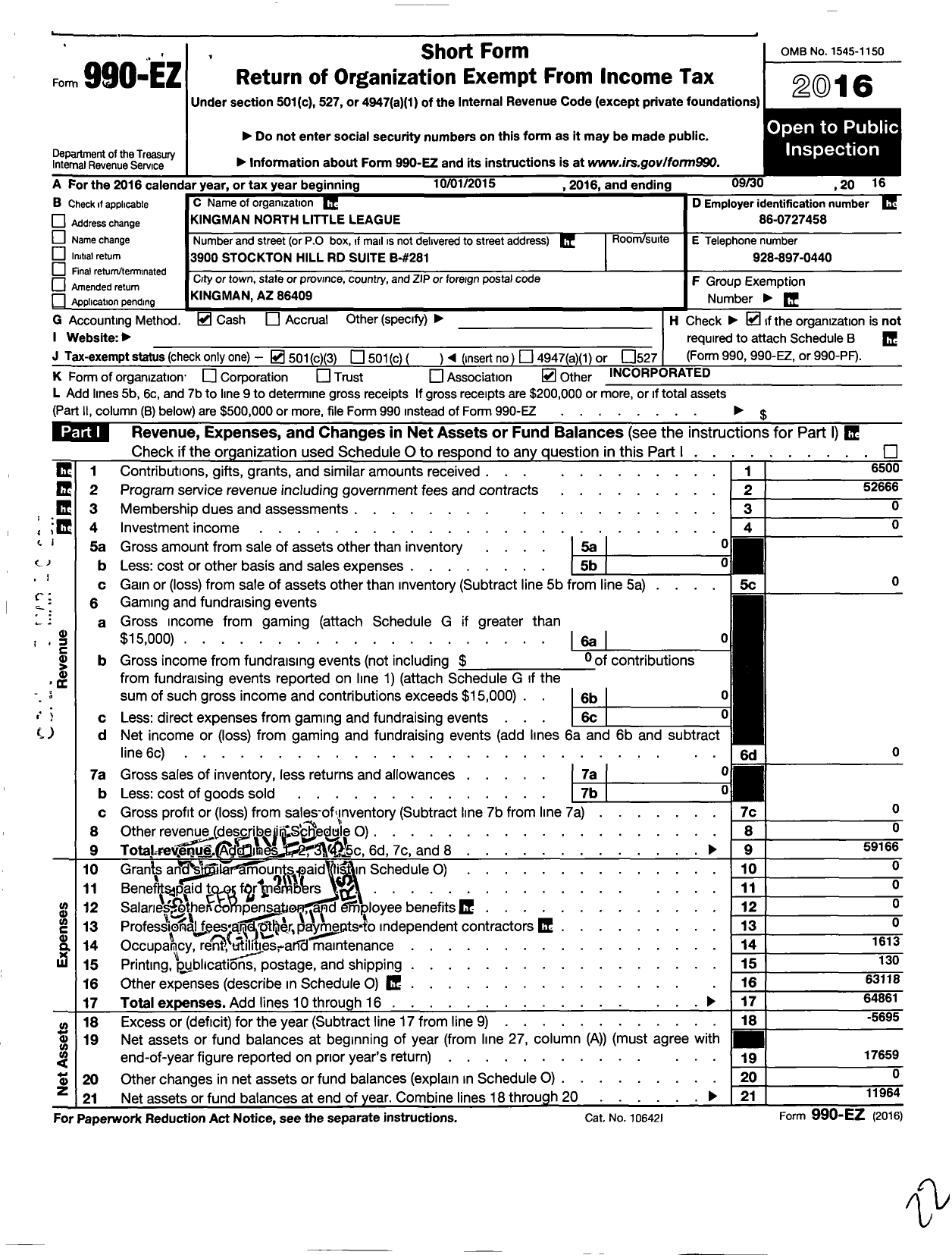 Image of first page of 2015 Form 990EZ for Little League Baseball - 4030919 Kingman North LL