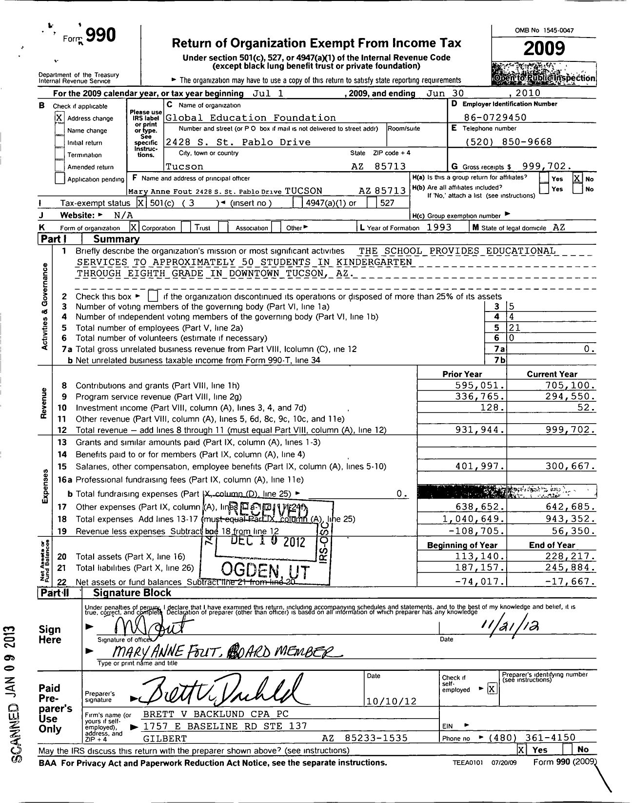 Image of first page of 2009 Form 990 for Global Education Foundation