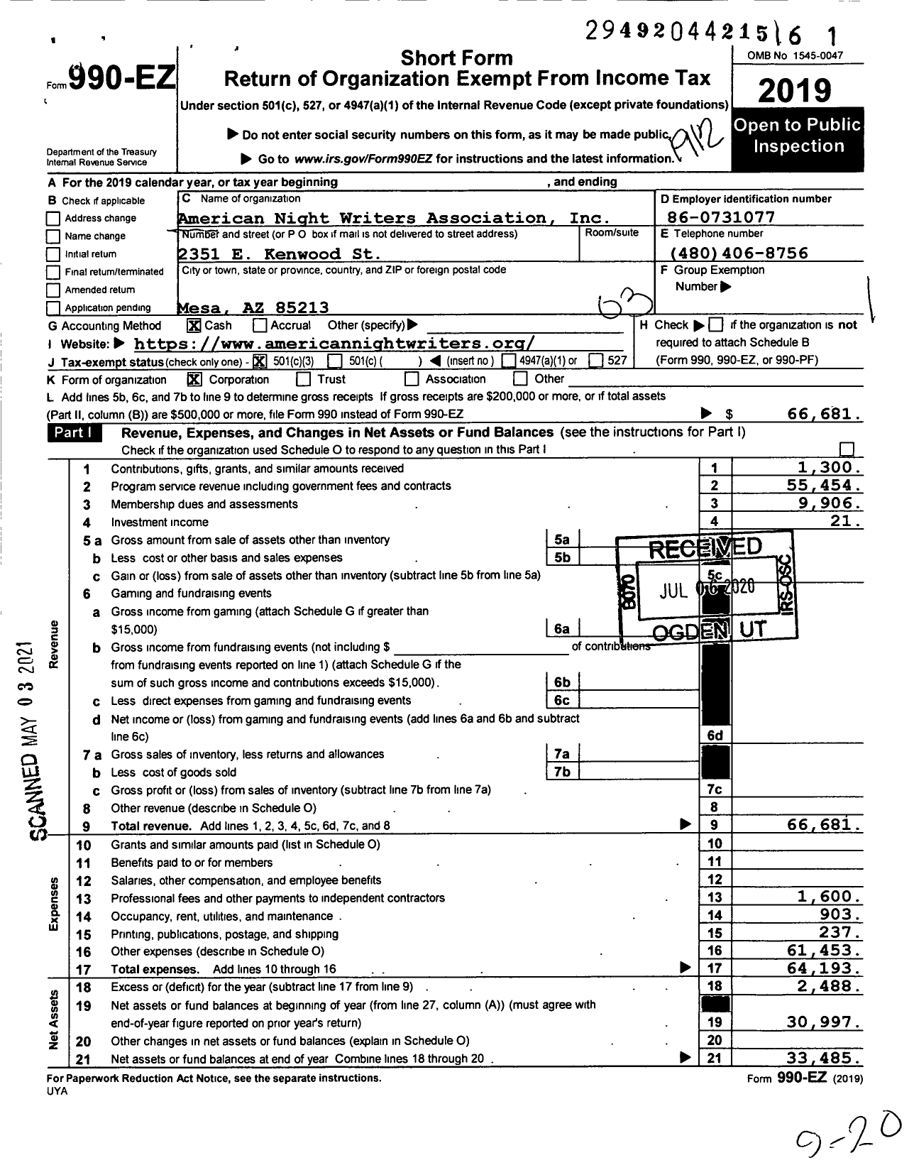 Image of first page of 2019 Form 990EZ for American Night Writers Association (ANWA)