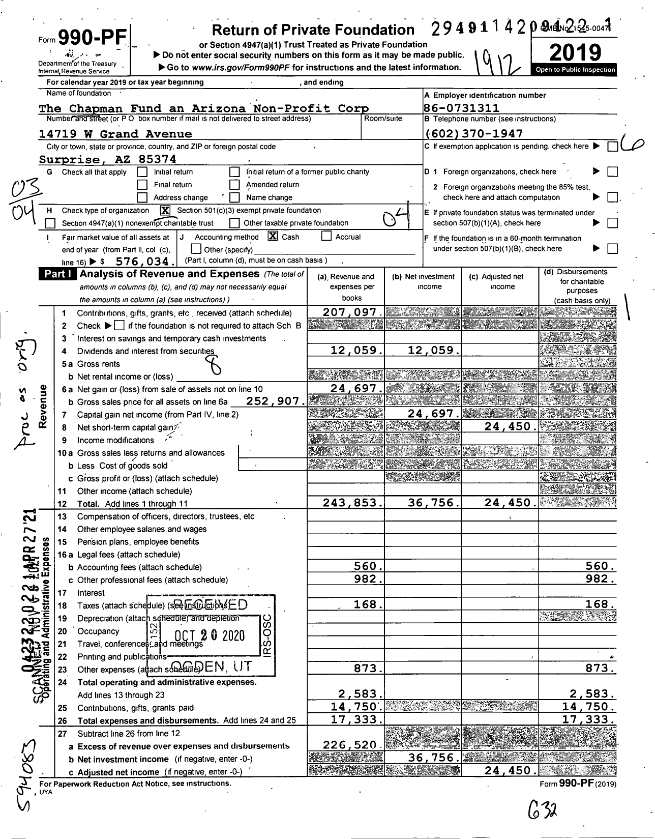 Image of first page of 2019 Form 990PF for The Chapman Fund an Arizona Non-Profit Corporation