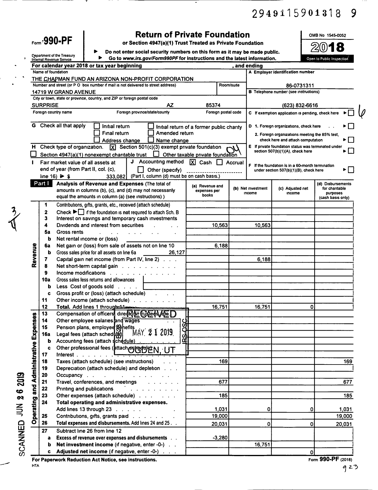 Image of first page of 2018 Form 990PF for The Chapman Fund an Arizona Non-Profit Corporation