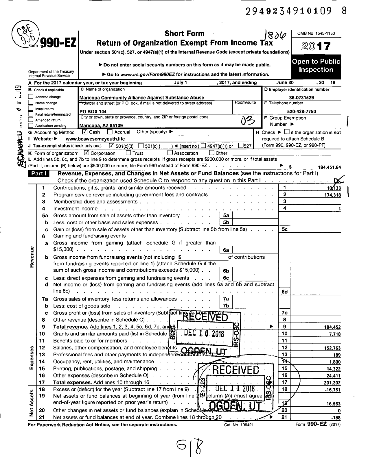 Image of first page of 2017 Form 990EZ for Maricopa Community Alliance Against Substance Abuse