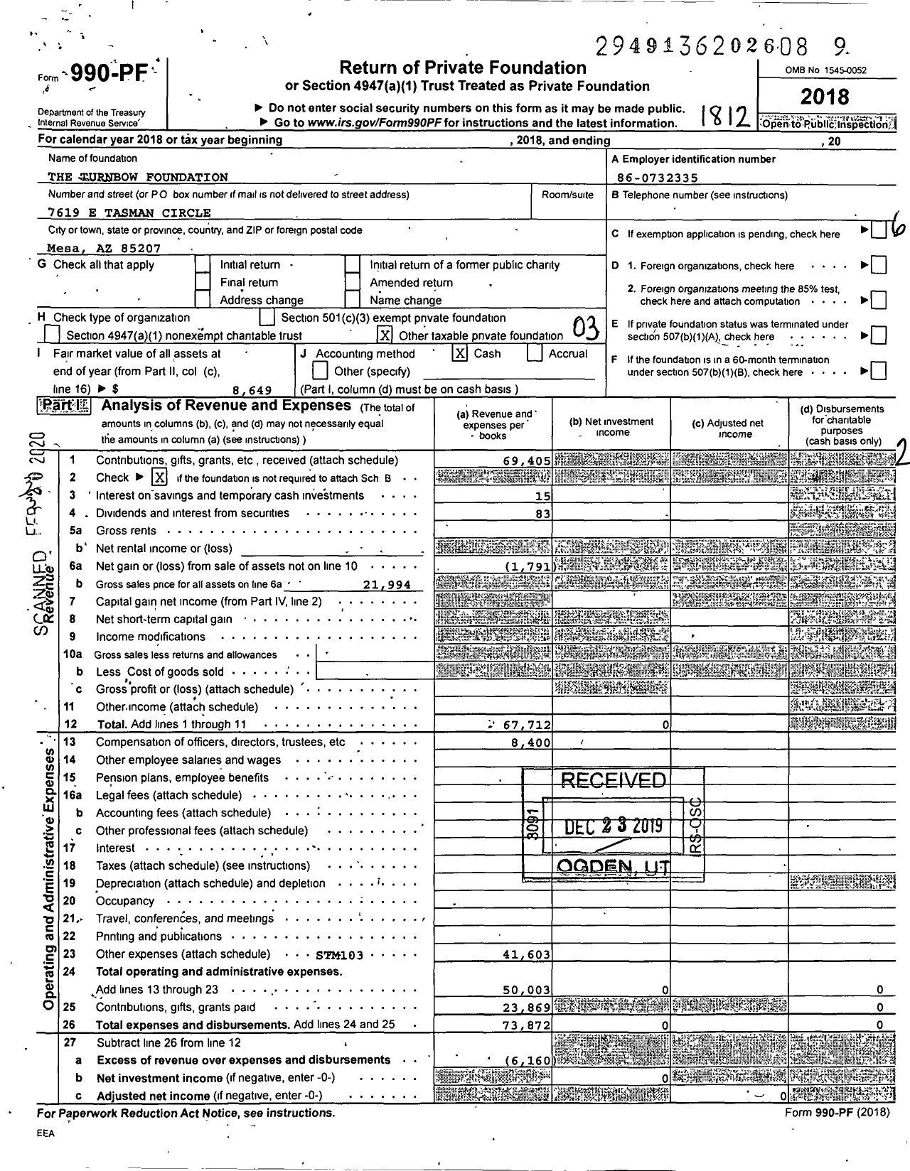 Image of first page of 2018 Form 990PF for The Turnbow Foundation