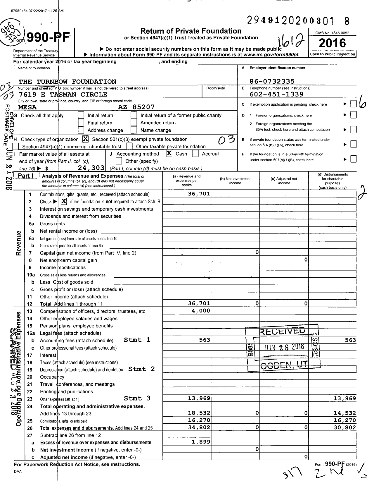 Image of first page of 2016 Form 990PF for The Turnbow Foundation