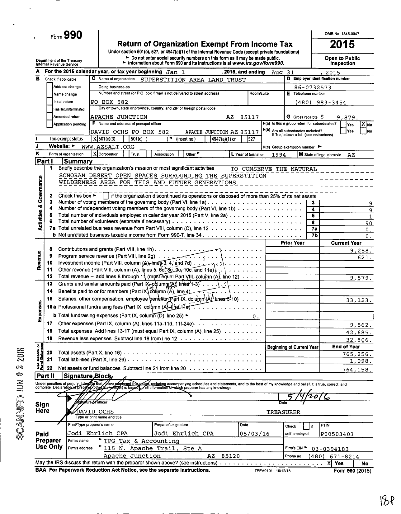 Image of first page of 2014 Form 990 for Superstition Area Land Trust