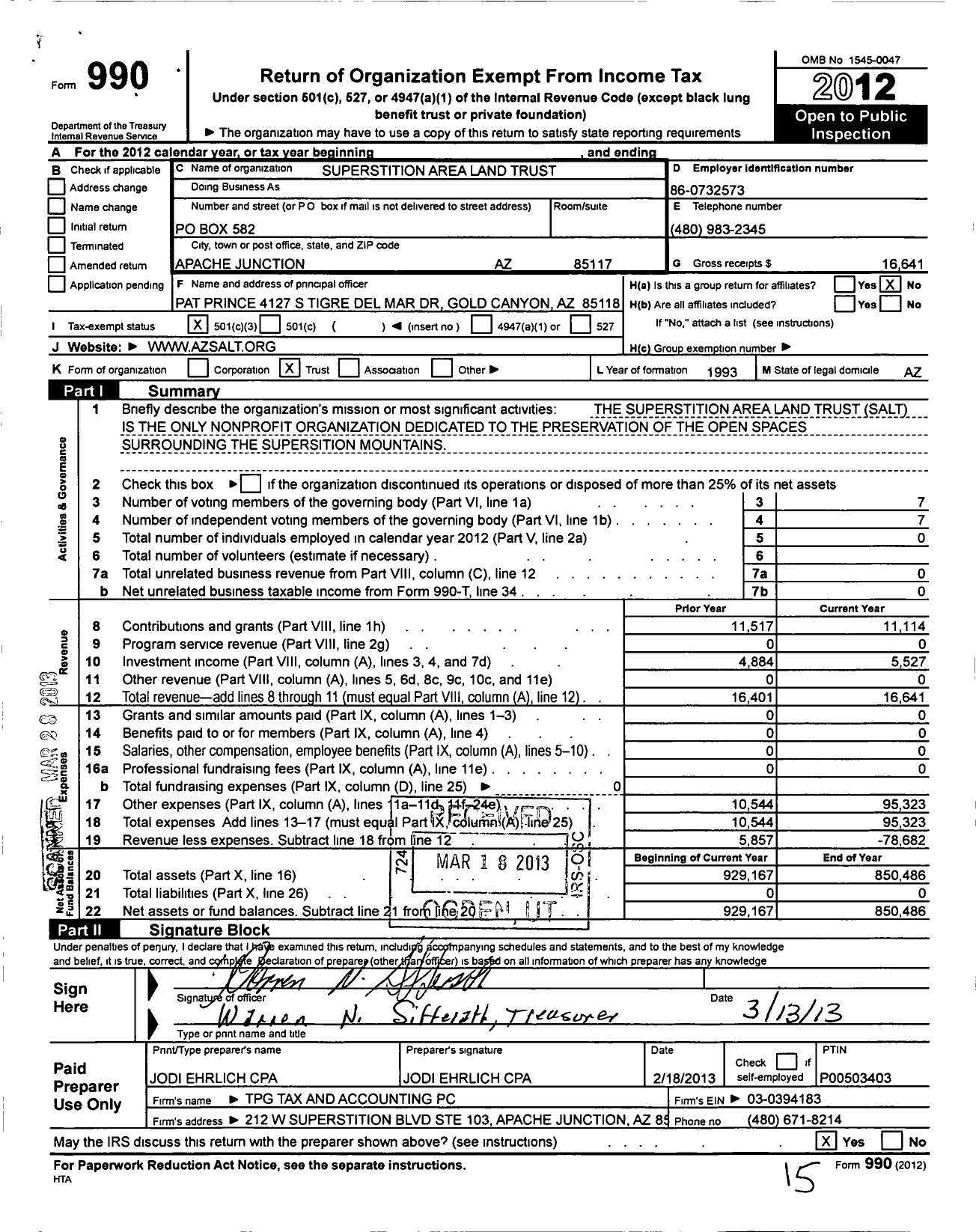 Image of first page of 2012 Form 990 for Superstition Area Land Trust