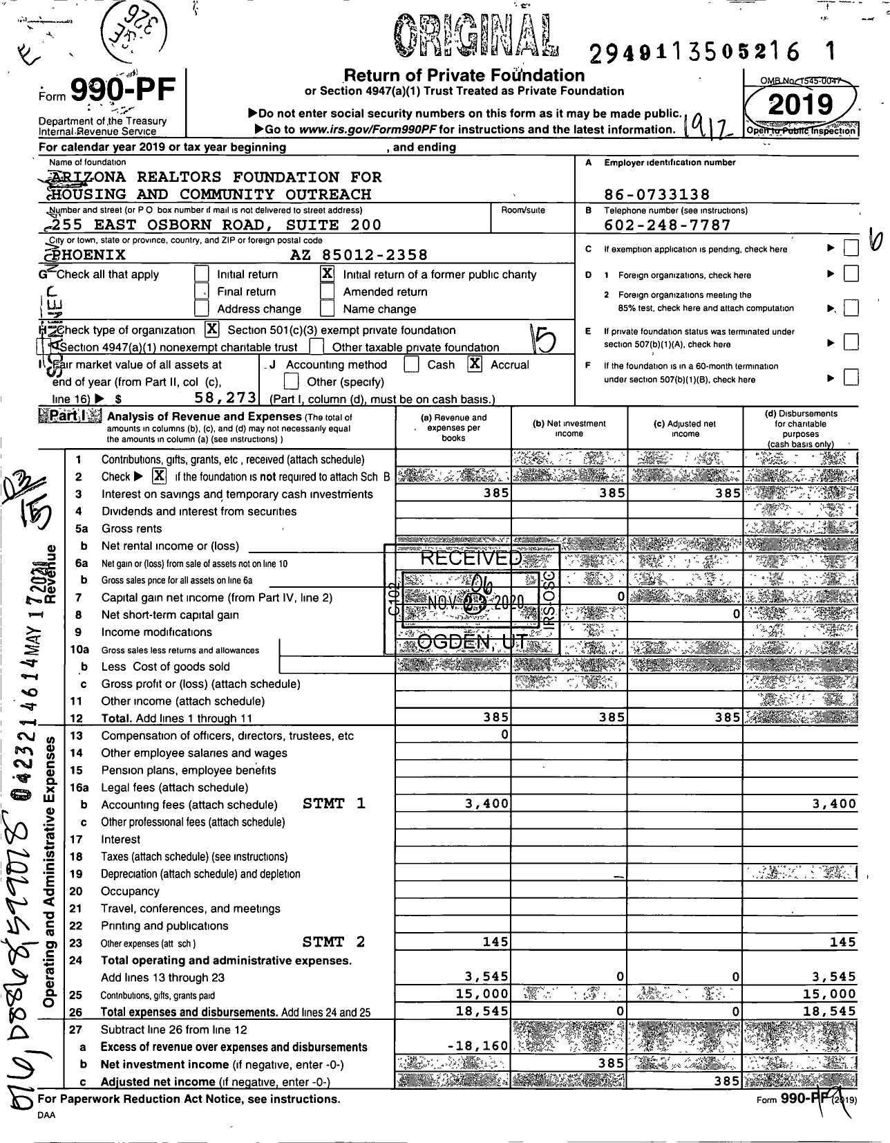 Image of first page of 2019 Form 990PF for Arizona Realtors Foundation for Housing and Community Outreach