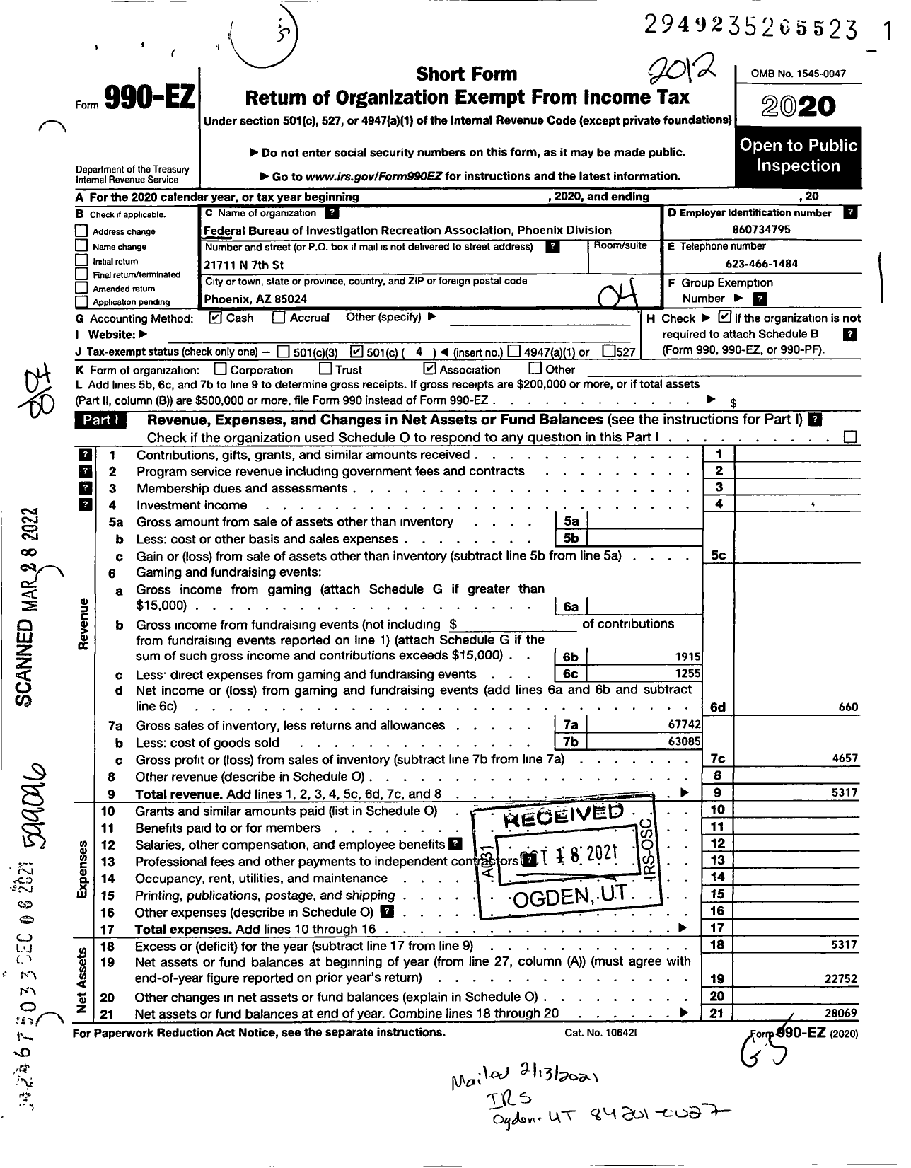 Image of first page of 2020 Form 990EO for Federal Bureau of Investigation Recreational Association-Phoenix Division