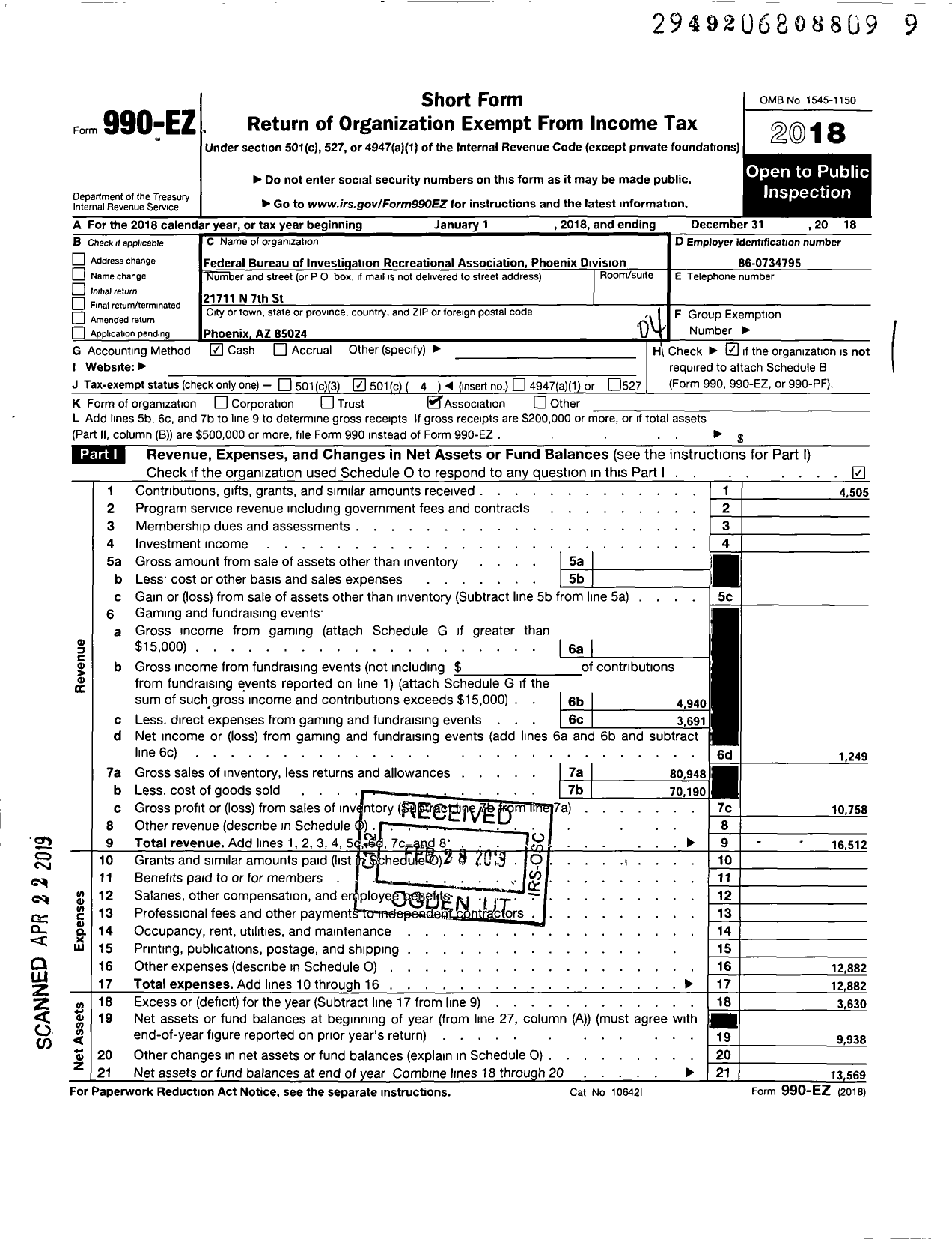 Image of first page of 2018 Form 990EO for Federal Bureau of Investigation Recreational Association-Phoenix Division