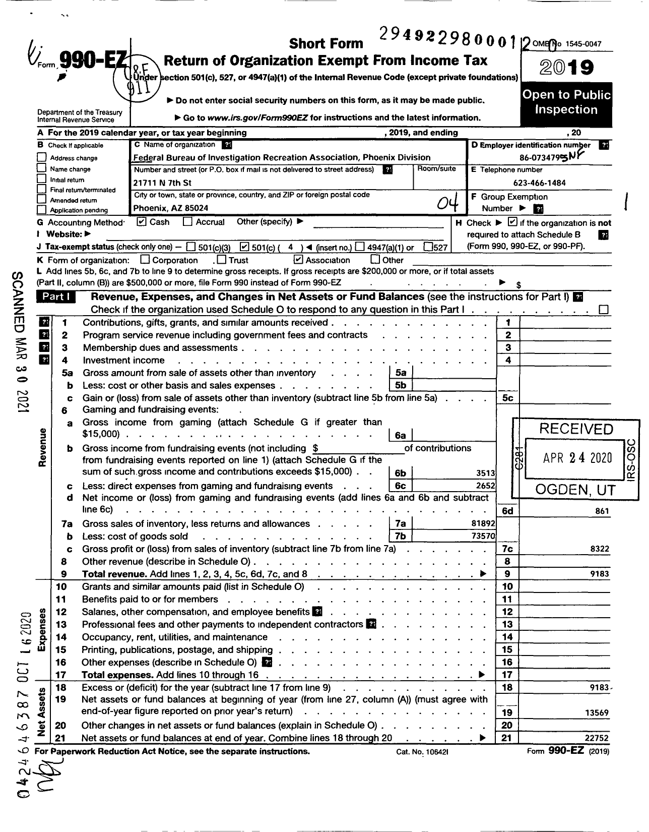 Image of first page of 2019 Form 990EO for Federal Bureau of Investigation Recreational Association-Phoenix Division