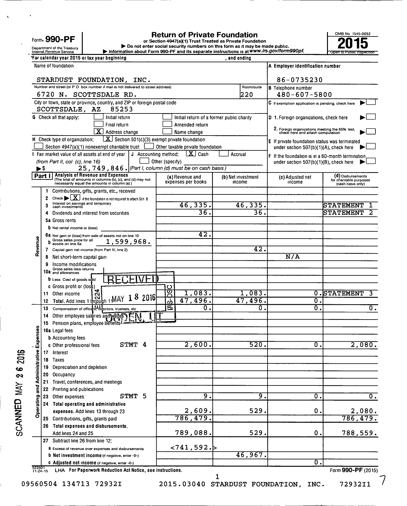 Image of first page of 2015 Form 990PF for Stardust Foundation