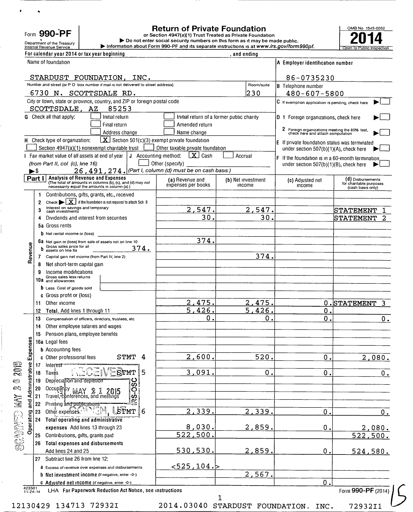 Image of first page of 2014 Form 990PF for Stardust Foundation
