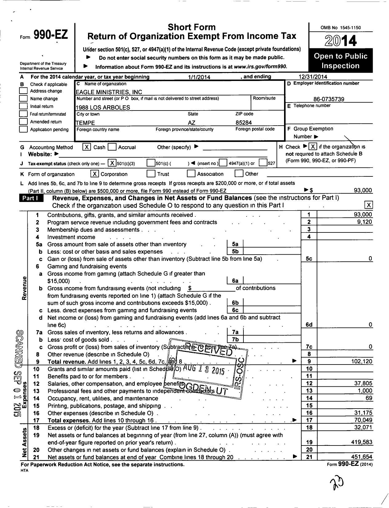 Image of first page of 2014 Form 990EZ for Eagle Ministries