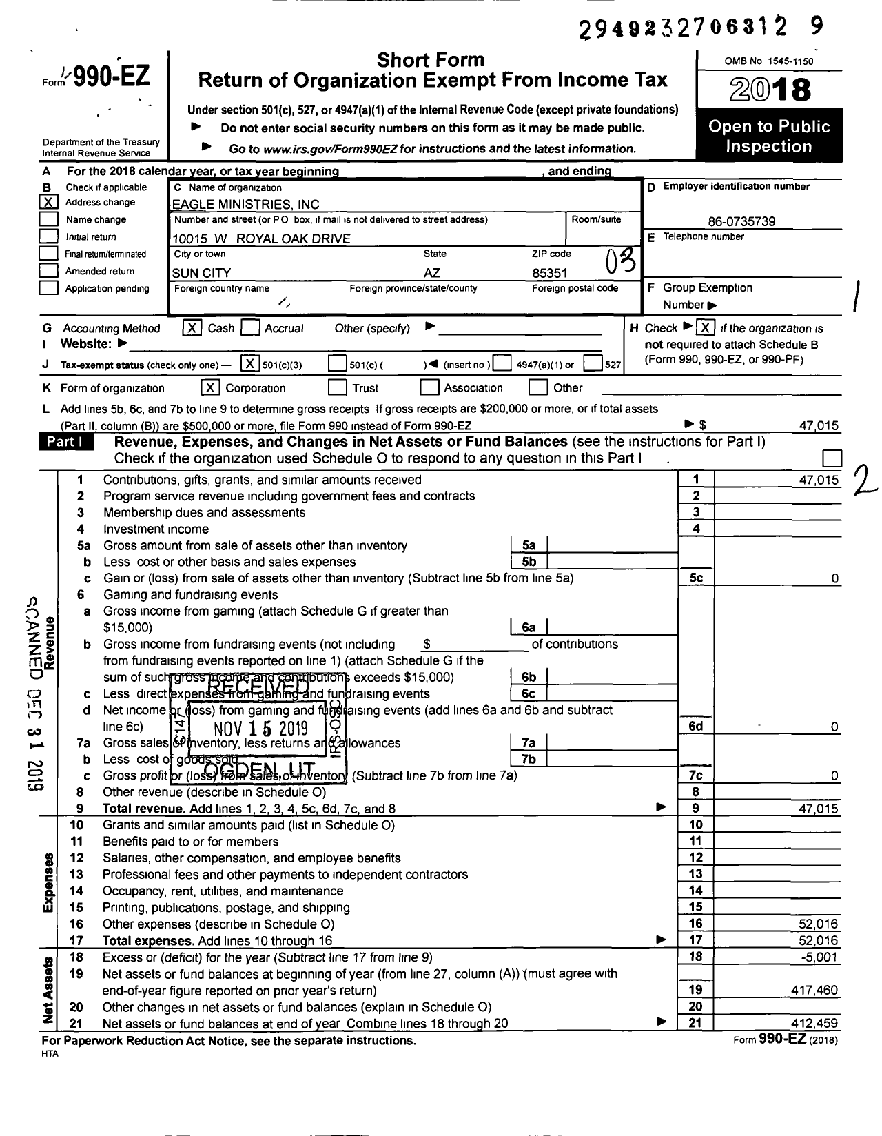 Image of first page of 2018 Form 990EZ for Eagle Ministries