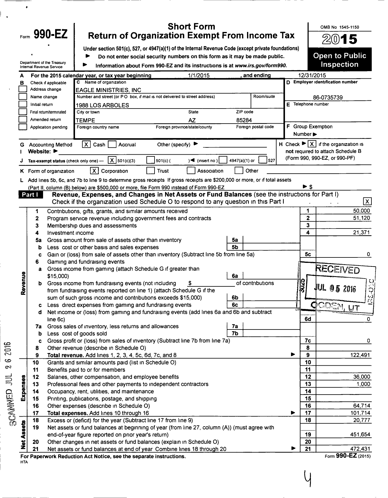 Image of first page of 2015 Form 990EZ for Eagle Ministries