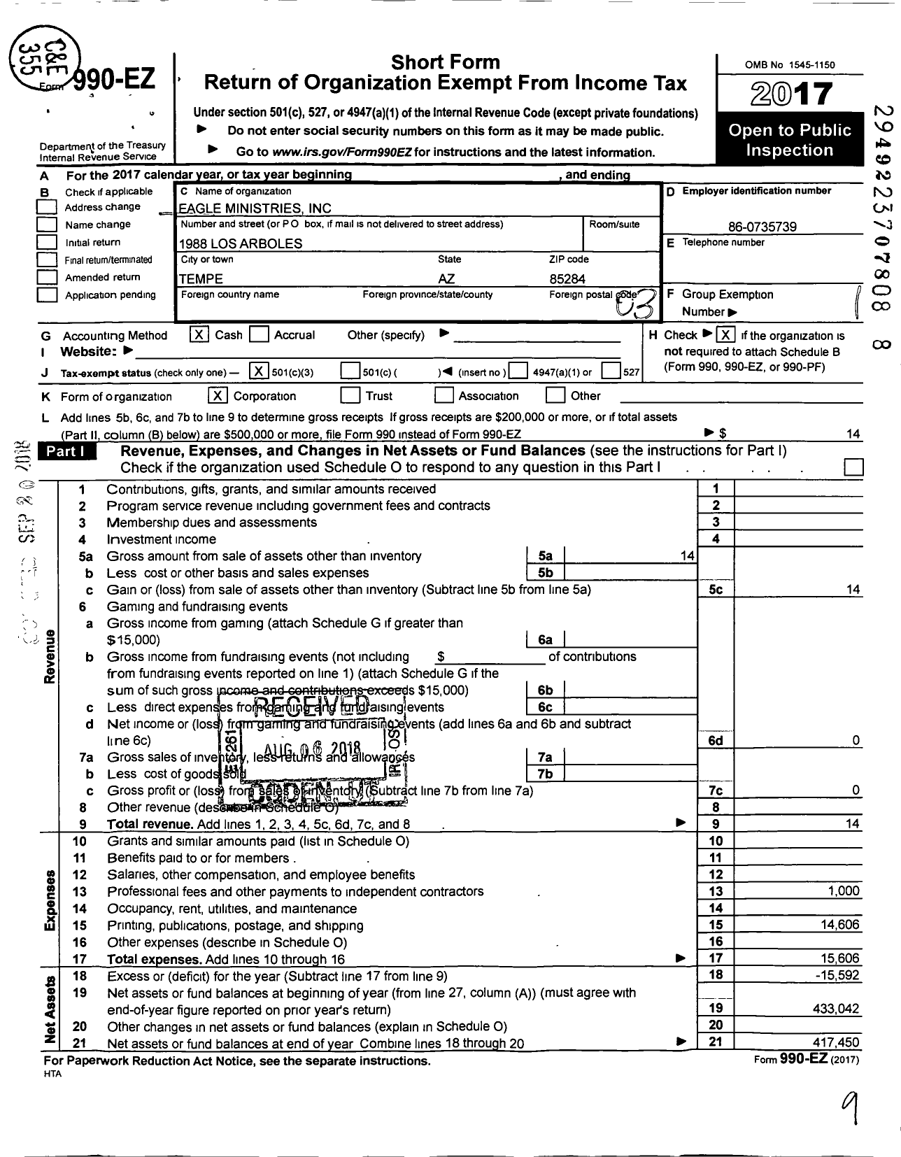 Image of first page of 2017 Form 990EZ for Eagle Ministries