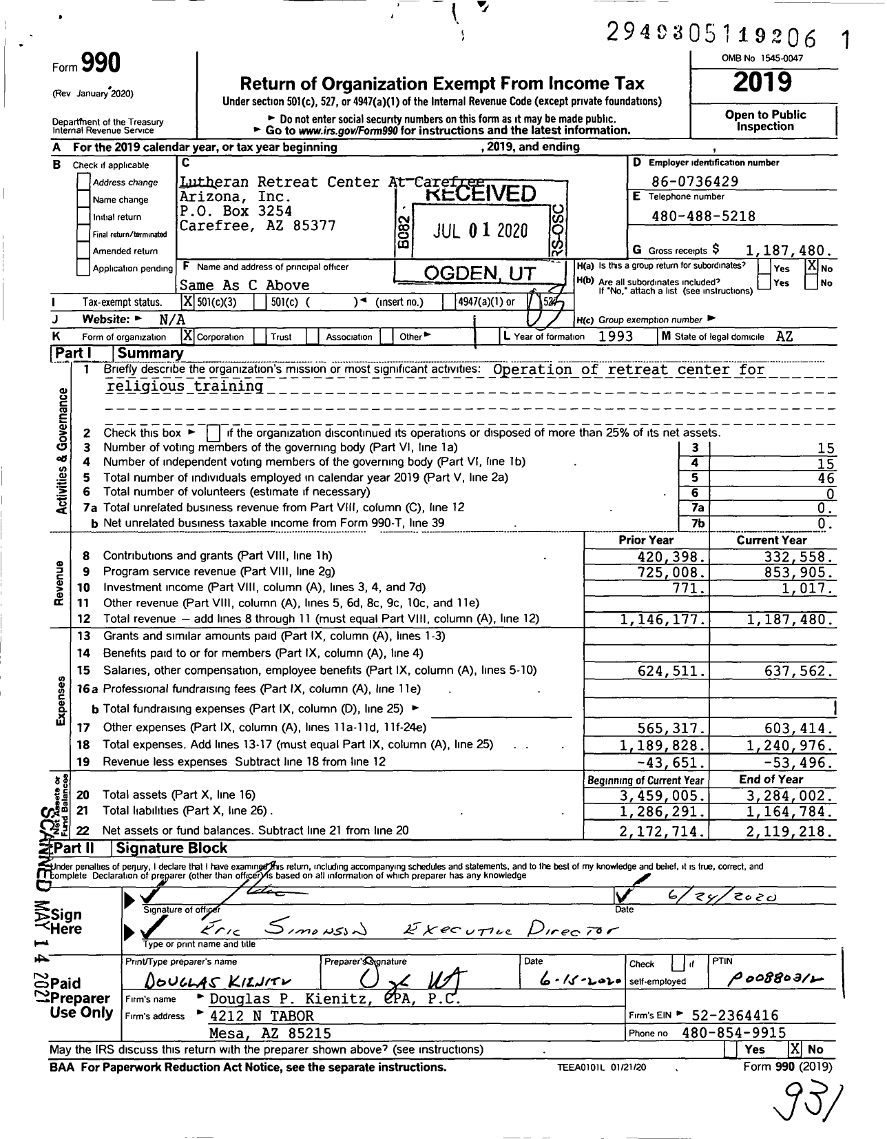 Image of first page of 2019 Form 990 for Lutheran Retreat Center At Carefree Arizona