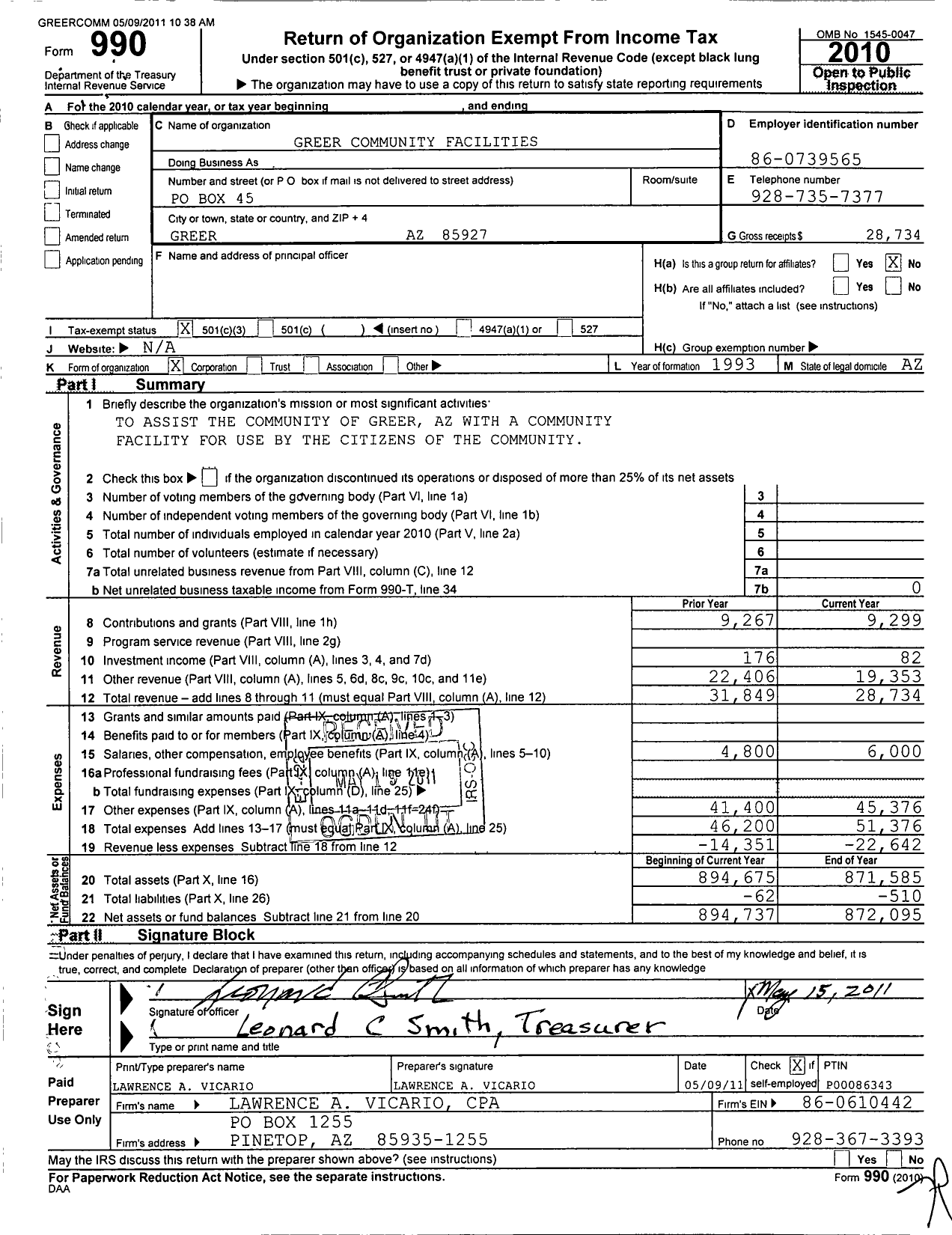 Image of first page of 2010 Form 990 for Greer Community Facilities Association