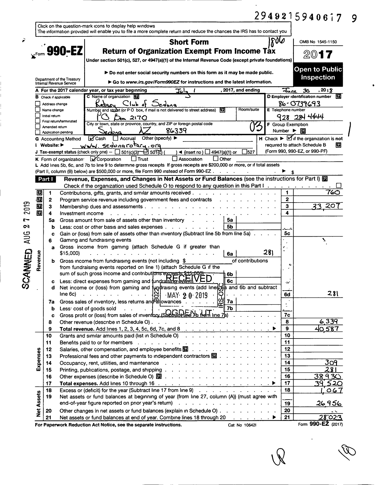 Image of first page of 2017 Form 990EZ for Rotary Club of Sedona