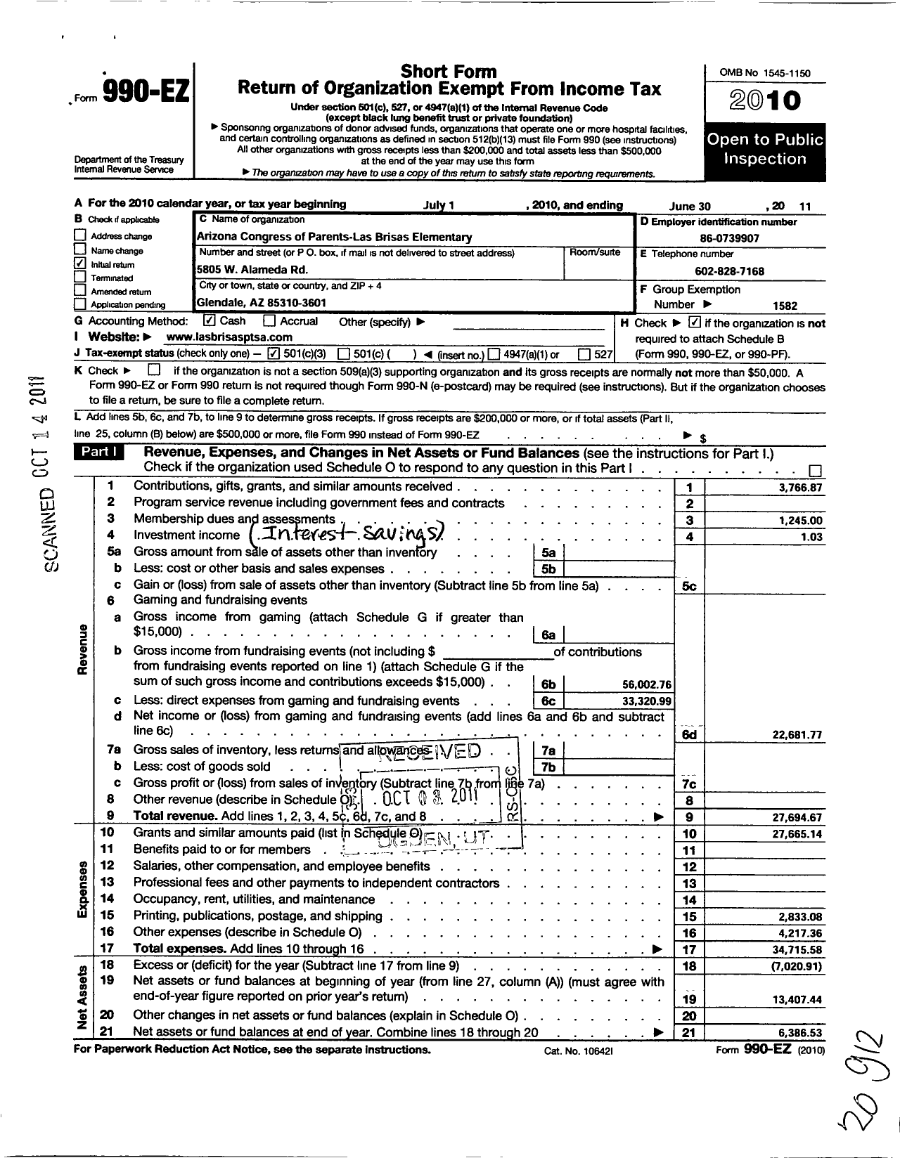 Image of first page of 2010 Form 990EZ for Las Brisas PTSA