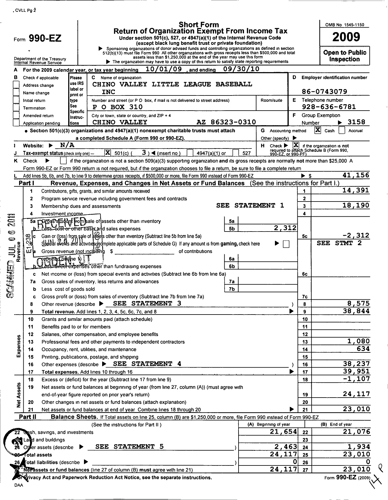 Image of first page of 2009 Form 990EZ for Chino Valley Little League Baseball