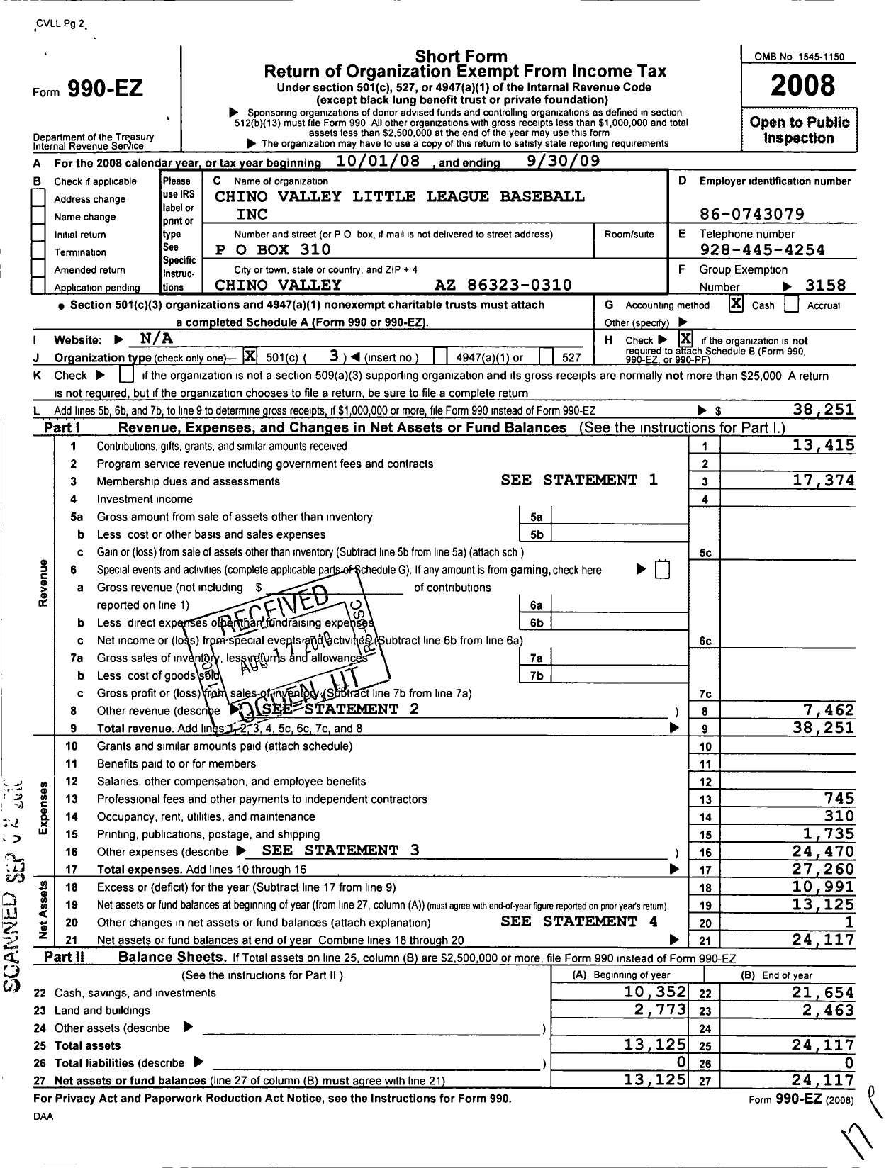 Image of first page of 2008 Form 990EZ for Chino Valley Little League Baseball